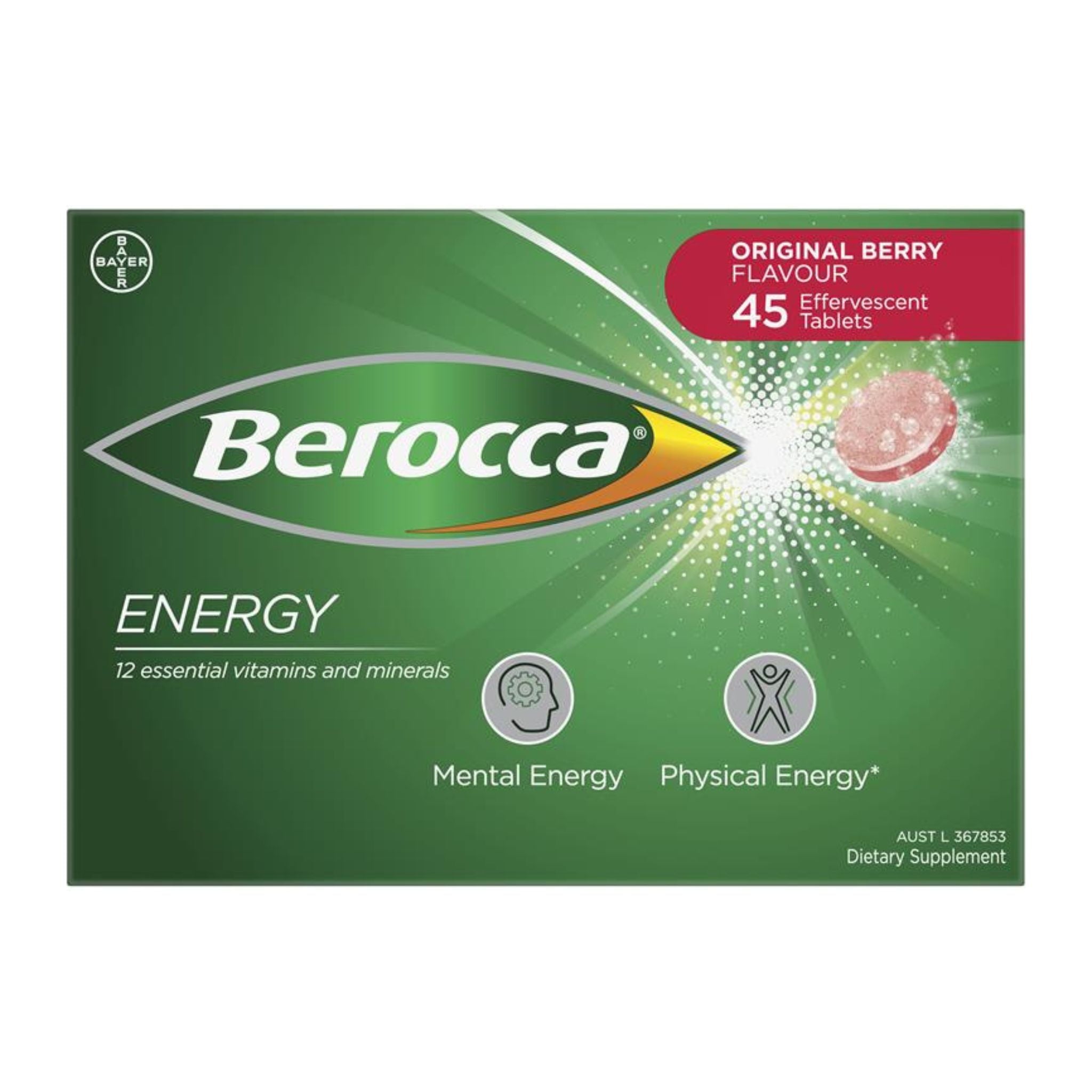 Front view of Berocca Energy Original Berry Flavour Effervescent Tablets 45 Pack