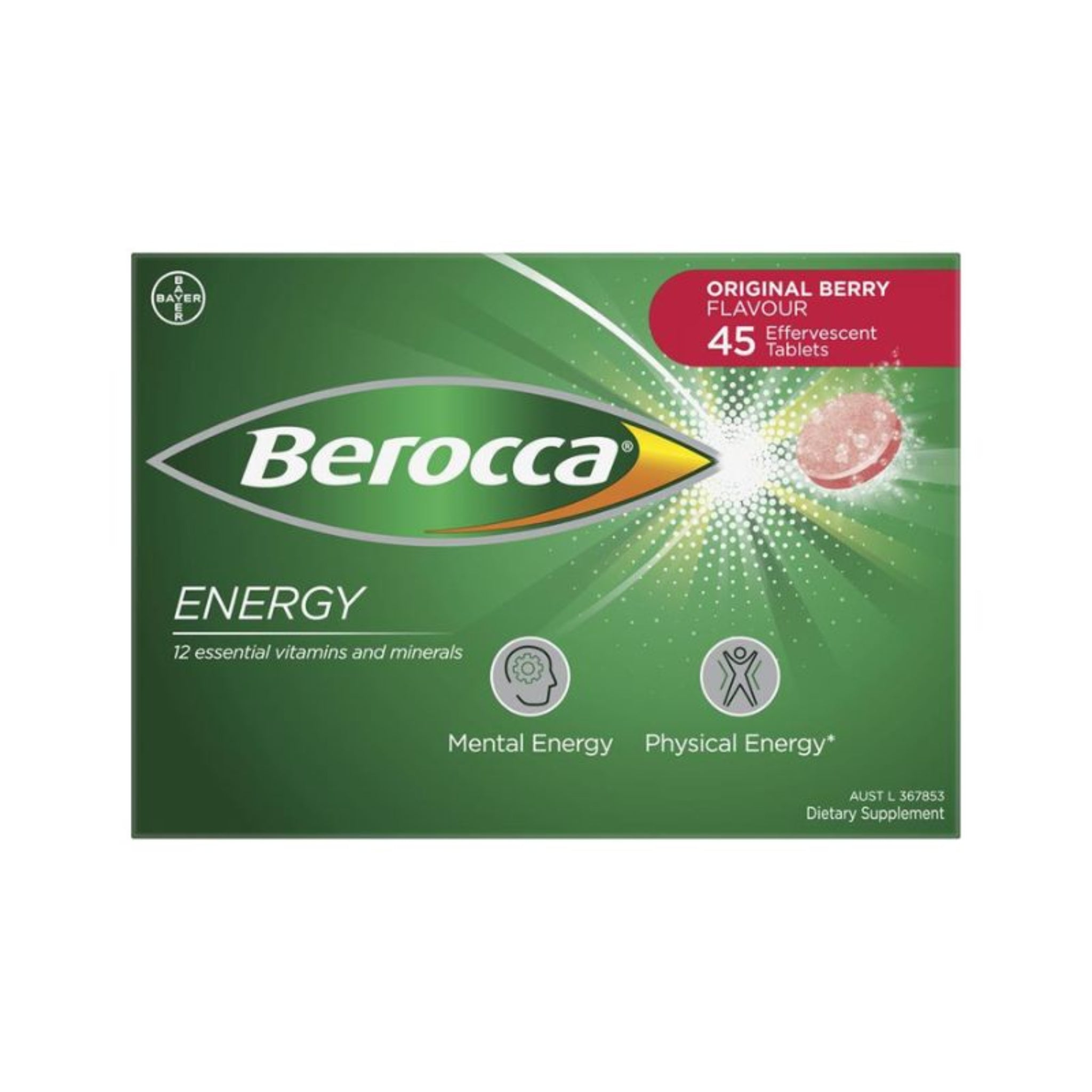 Berocca Energy Original Berry Effervescent Tablets 45 Tablets Pack of 5 – Dissolved in Water