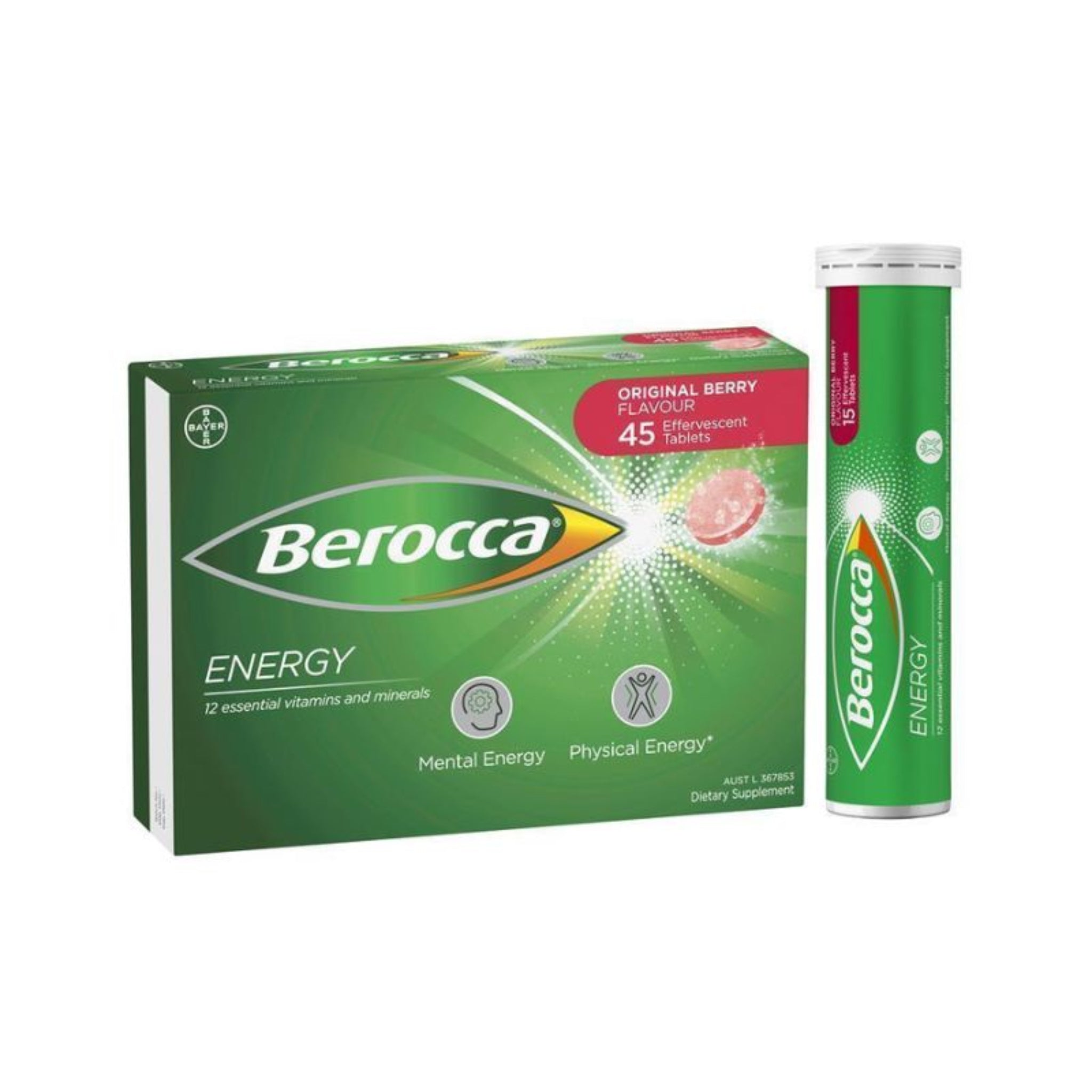 Berocca Energy Original Berry Effervescent Tablets 45 Tablets Pack of 5 Front View