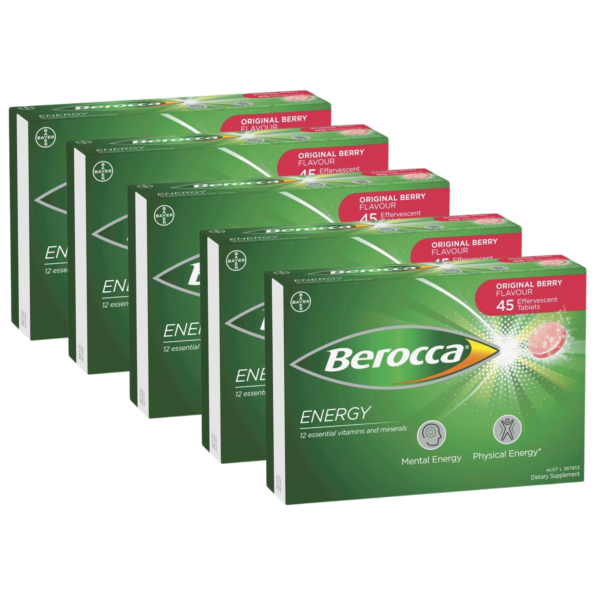 Berocca Energy Original Berry Effervescent Tablets 45 Tablets Pack of 5 Packaging