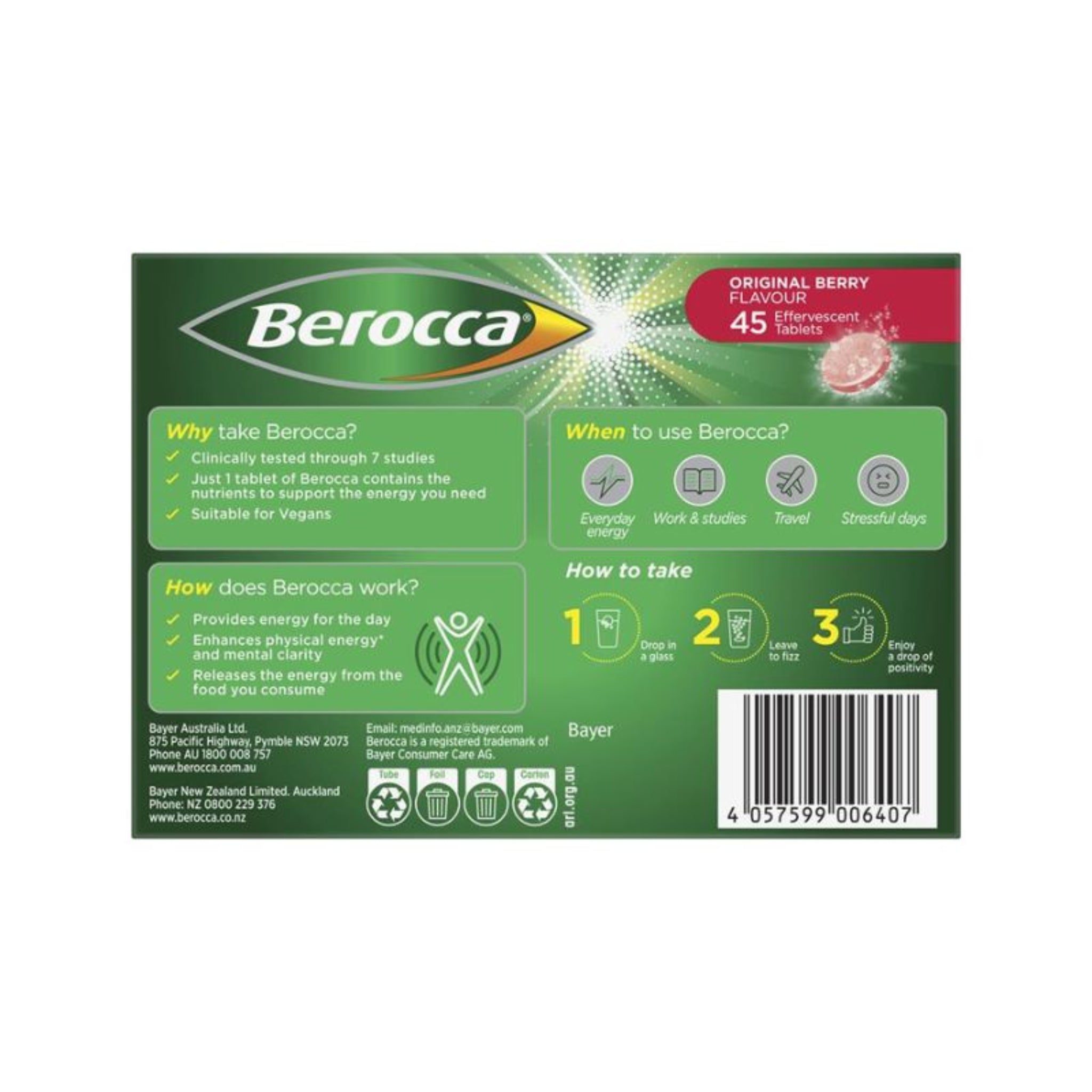 Berocca Energy Original Berry Effervescent Tablets 45 Tablets Pack of 5 Side View