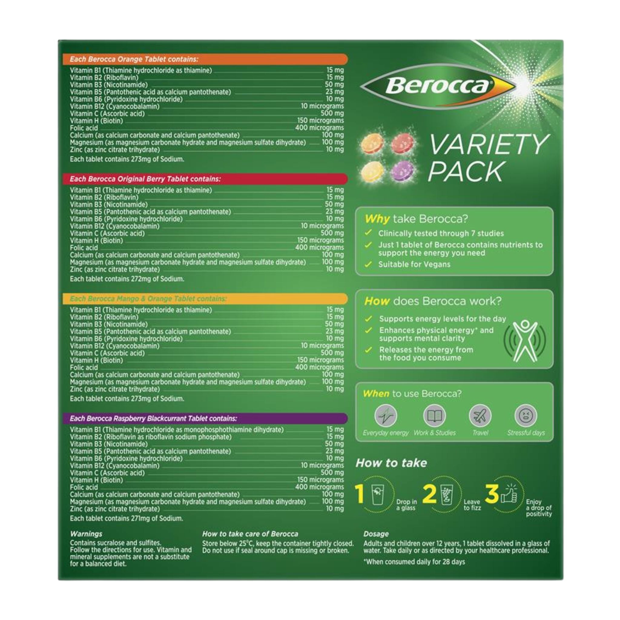 Back view of Berocca Energy Variety Pack detailing nutritional information