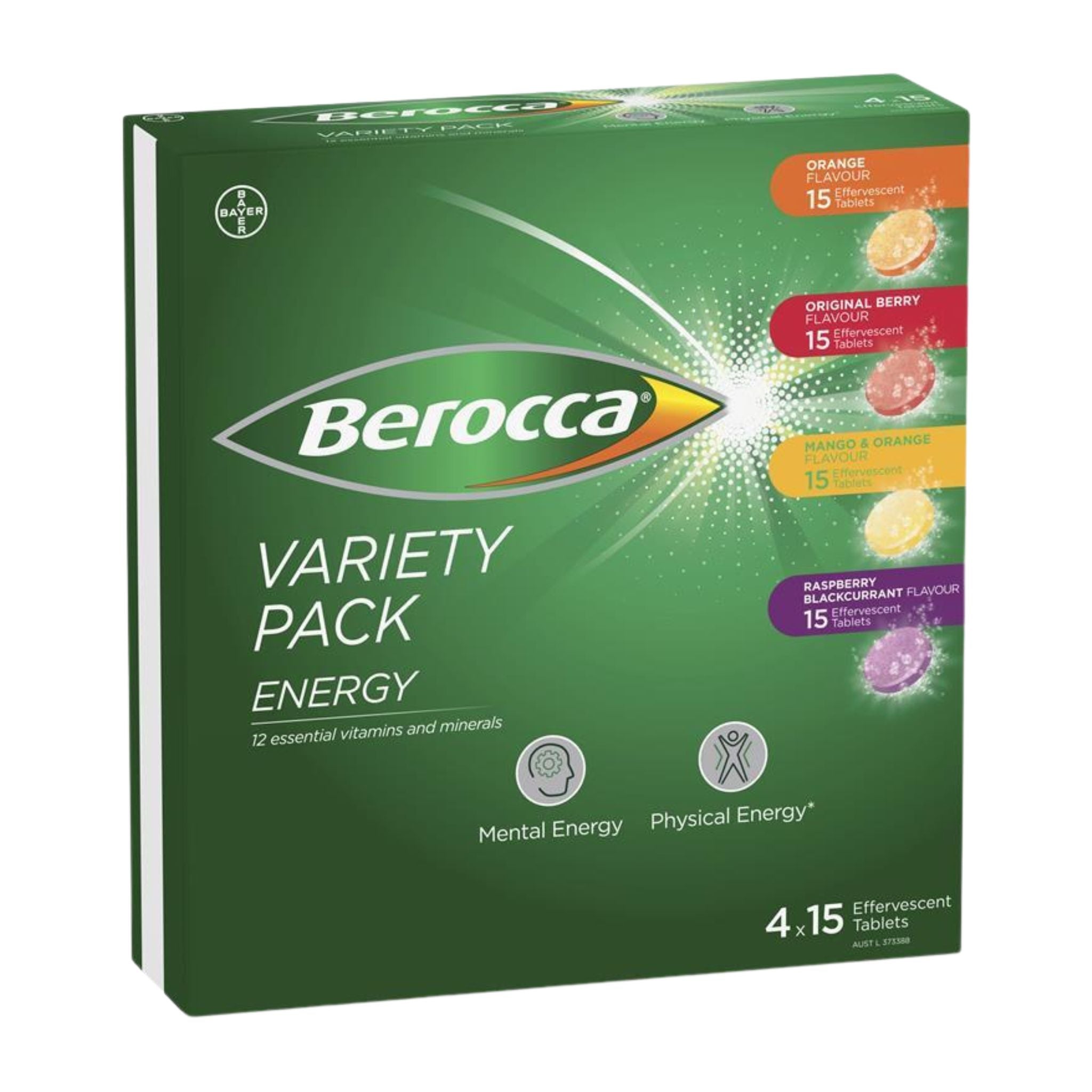 Front view of Berocca Energy Variety Pack showcasing four flavours