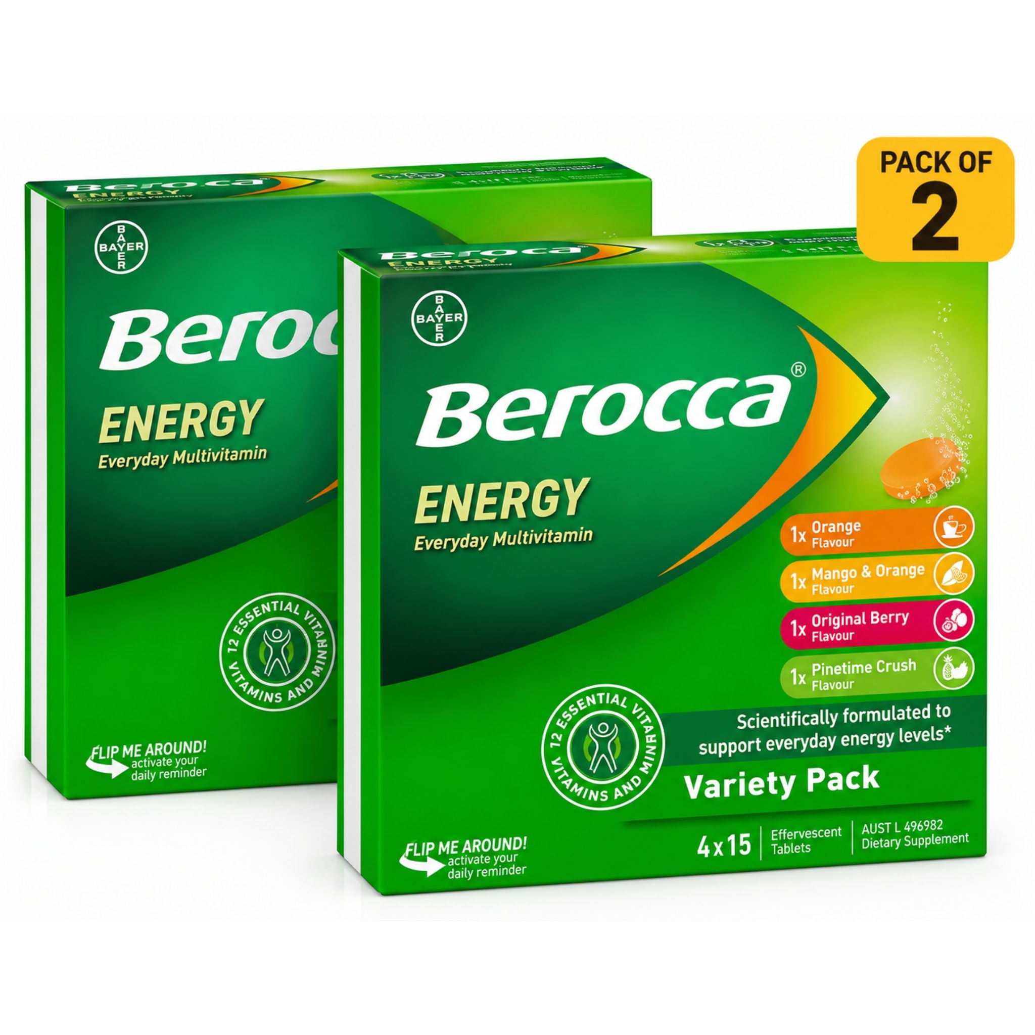 Two Berocca Energy Variety Pack boxes of everyday multivitamin tablets, with a yellow 'PACK OF 2' badge in the top right corner.
