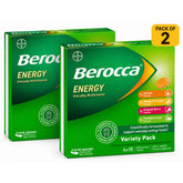 Two Berocca Energy Variety Pack boxes of everyday multivitamin tablets, with a yellow 'PACK OF 2' badge in the top right corner.
