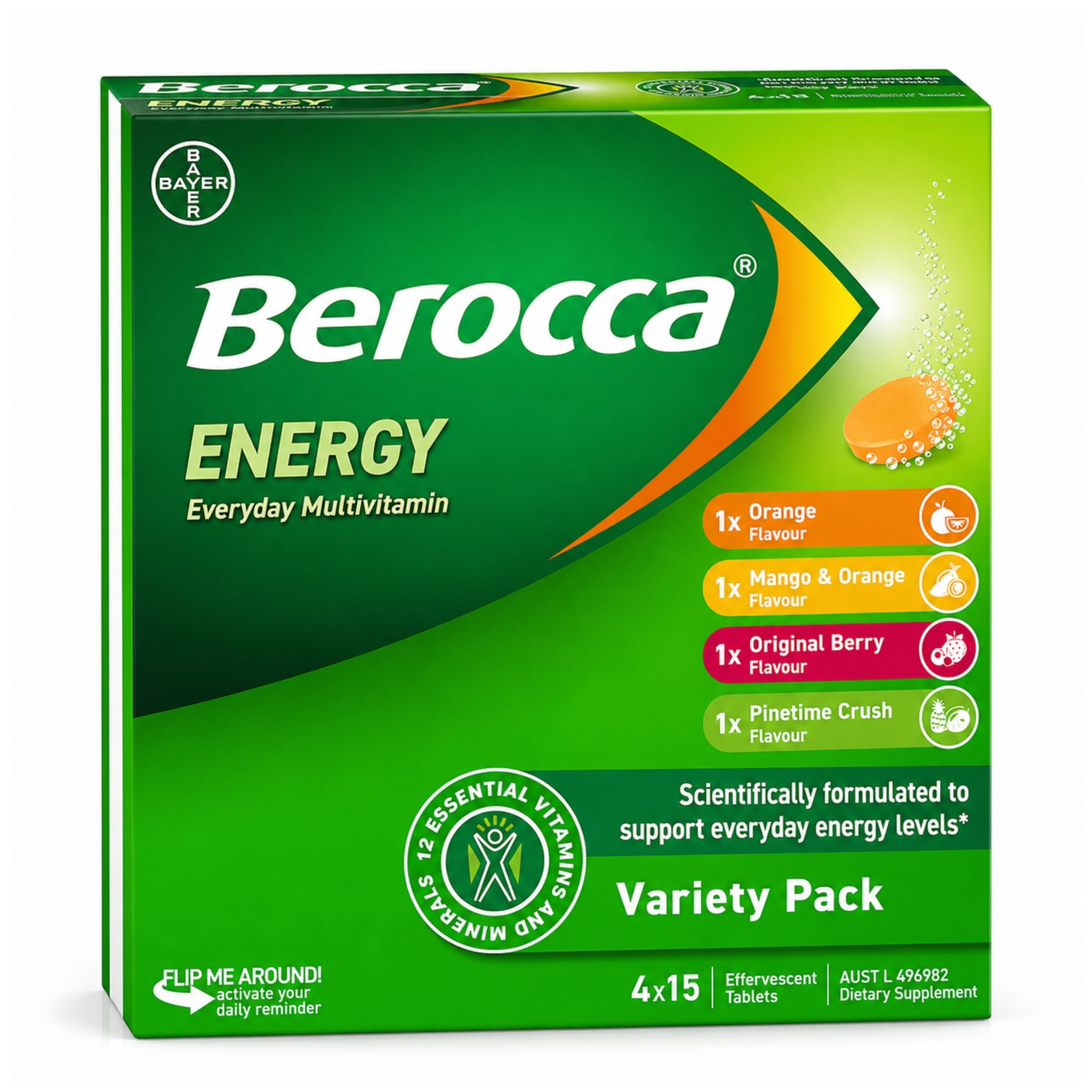 A box of Bayer Berocca Energy Everyday Multivitamin Variety Pack, featuring a green and orange design with flavor icons for orange, mango & orange, berry, and citrus.