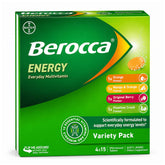 A box of Bayer Berocca Energy Everyday Multivitamin Variety Pack, featuring a green and orange design with flavor icons for orange, mango & orange, berry, and citrus.