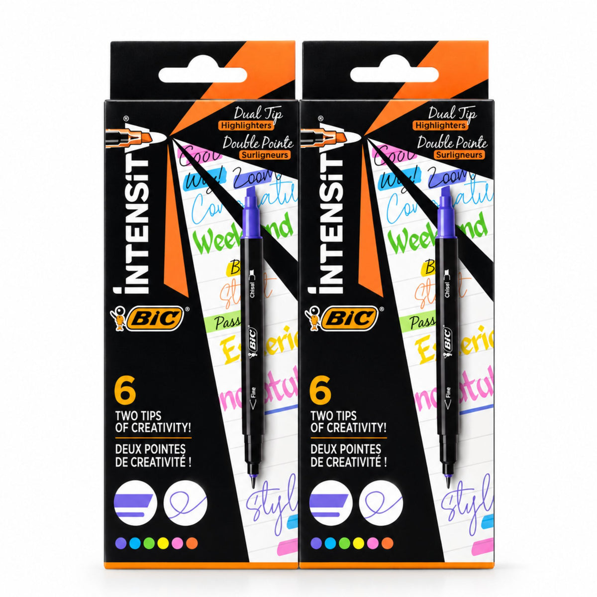 Two BIC Intensity Dual Tip highlighters in purple and blue, shown in their retail packaging against a white background.