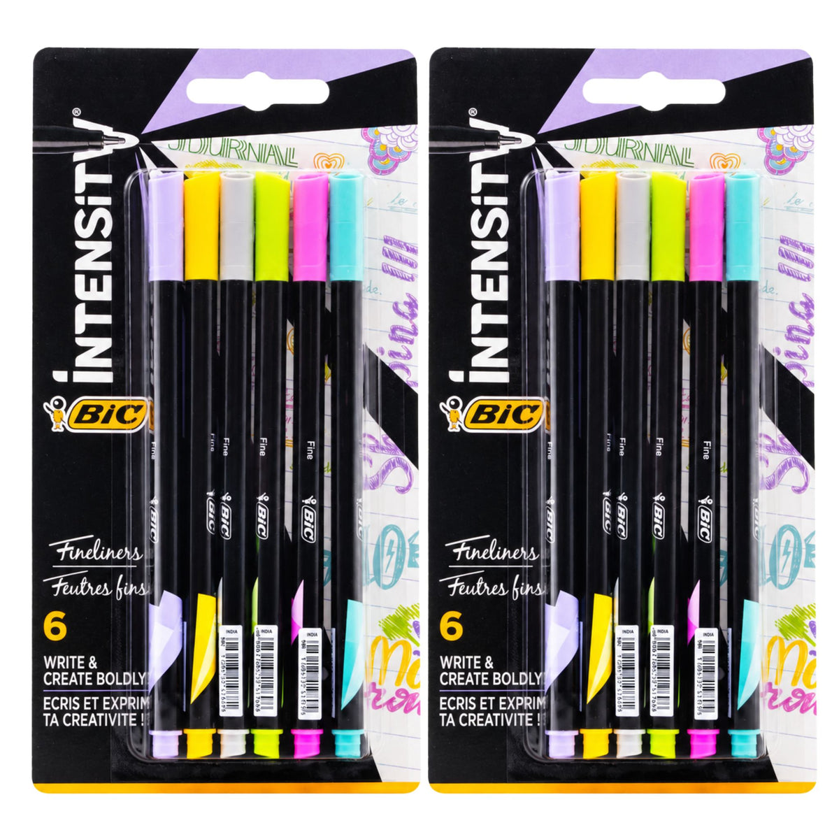 Two packages of BIC Intensity Findiners 6-color dual-tip pens in assorted pastel colors, displayed side-by-side on a white background.