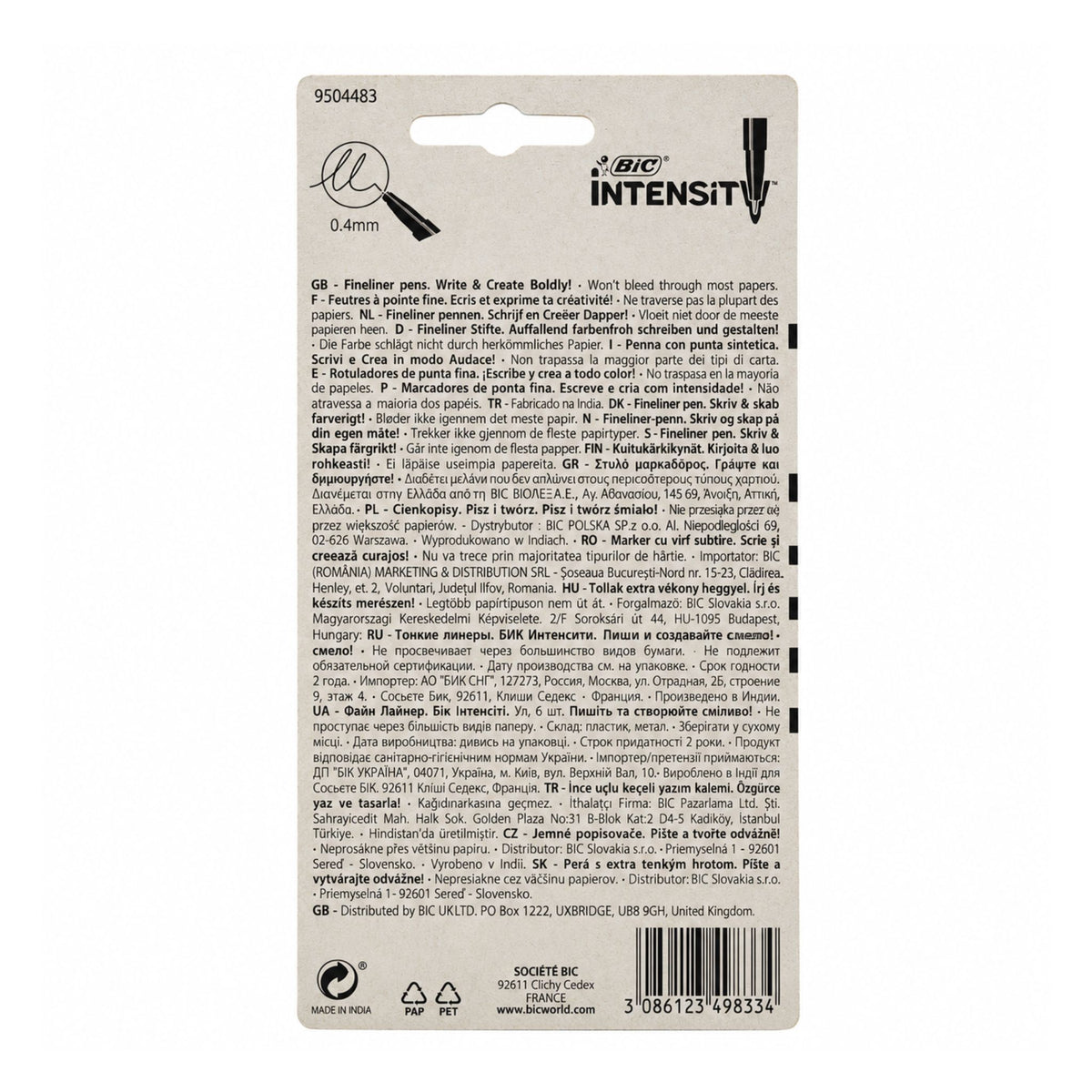 The back of a GCBC Intensity GB Fine Liner Pen, showing product information, ingredients, barcode, and recycling symbols on a white background.