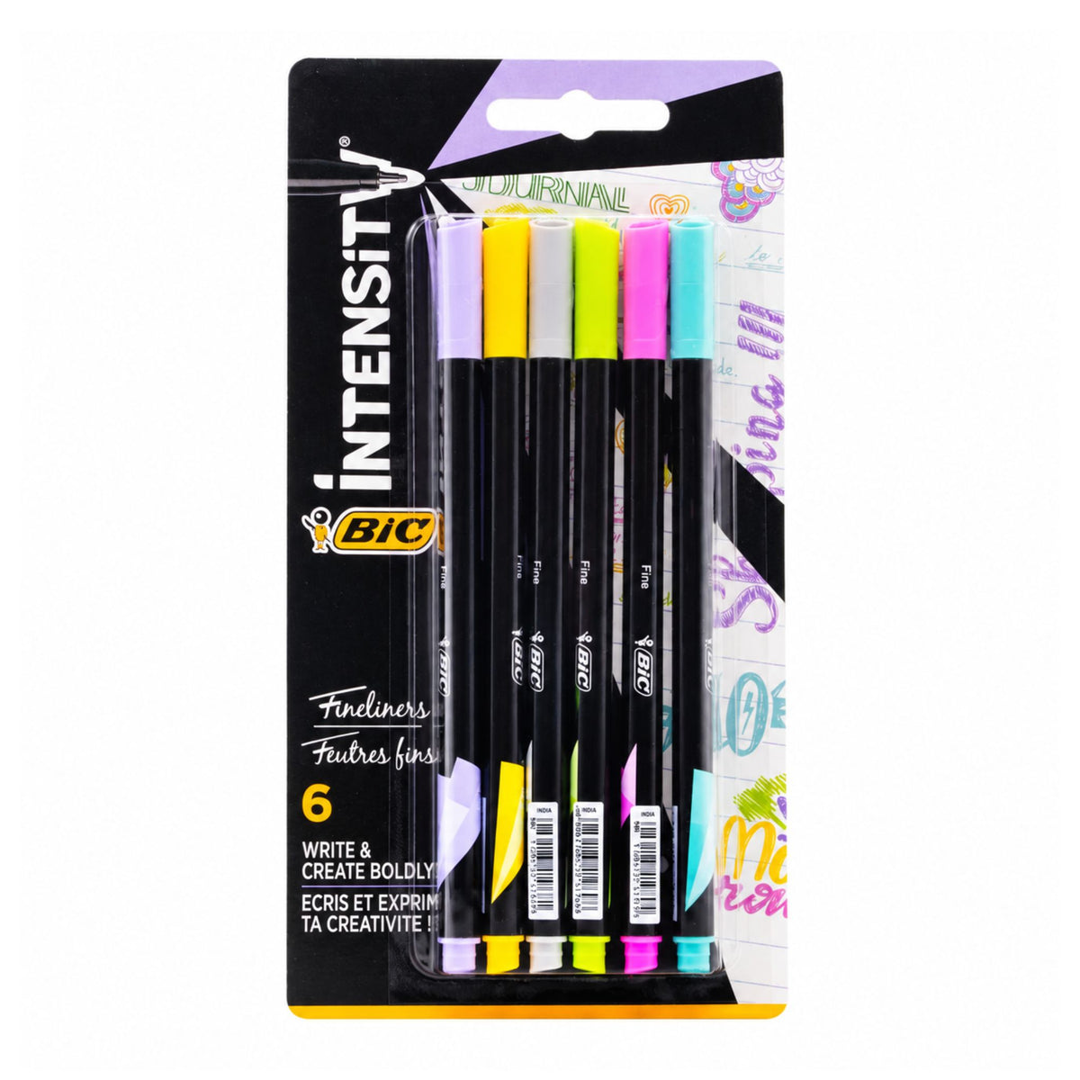 BIC Intensity 6 fine liner markers in a blister pack, featuring black barrels with yellow, pink, light blue, and purple caps.