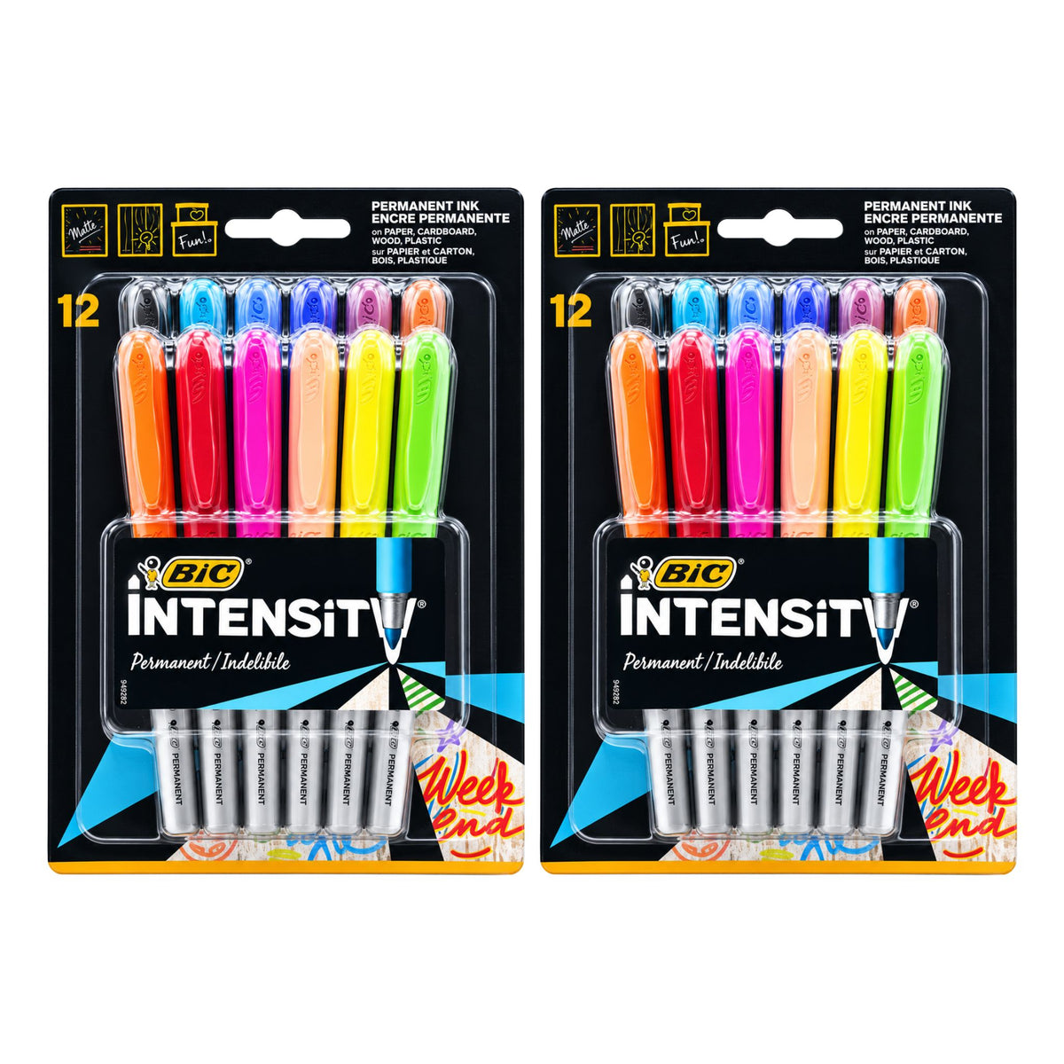 Two packages of BIC Intensity Week End Permanent Ink Markers, each containing 12 markers in assorted colors, displayed side-by-side on a white background.