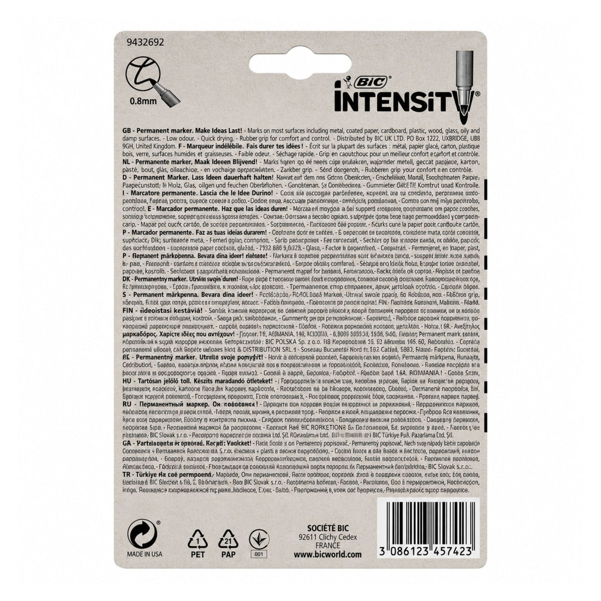 Back of a BIC Intensity permanent marker card, showing product information, ingredients, recycling symbols, and a barcode on a white background.
