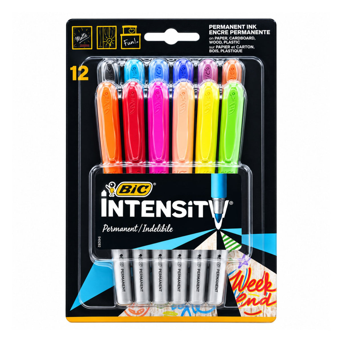 BIC Intensity Permanent Ink 12-pack in a retail blister pack. The set contains 12 different colored gel pens (orange, red, blue, purple, pink, light blue, yellow, green, black) and four silver batteries, all on a black and orange card backing.