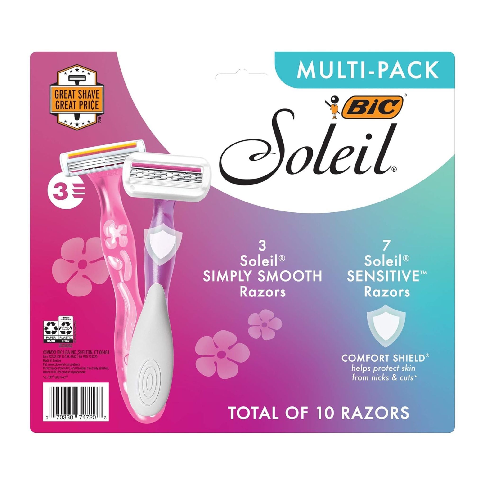 BIC Soleil multi-pack razor packaging with pink and white design