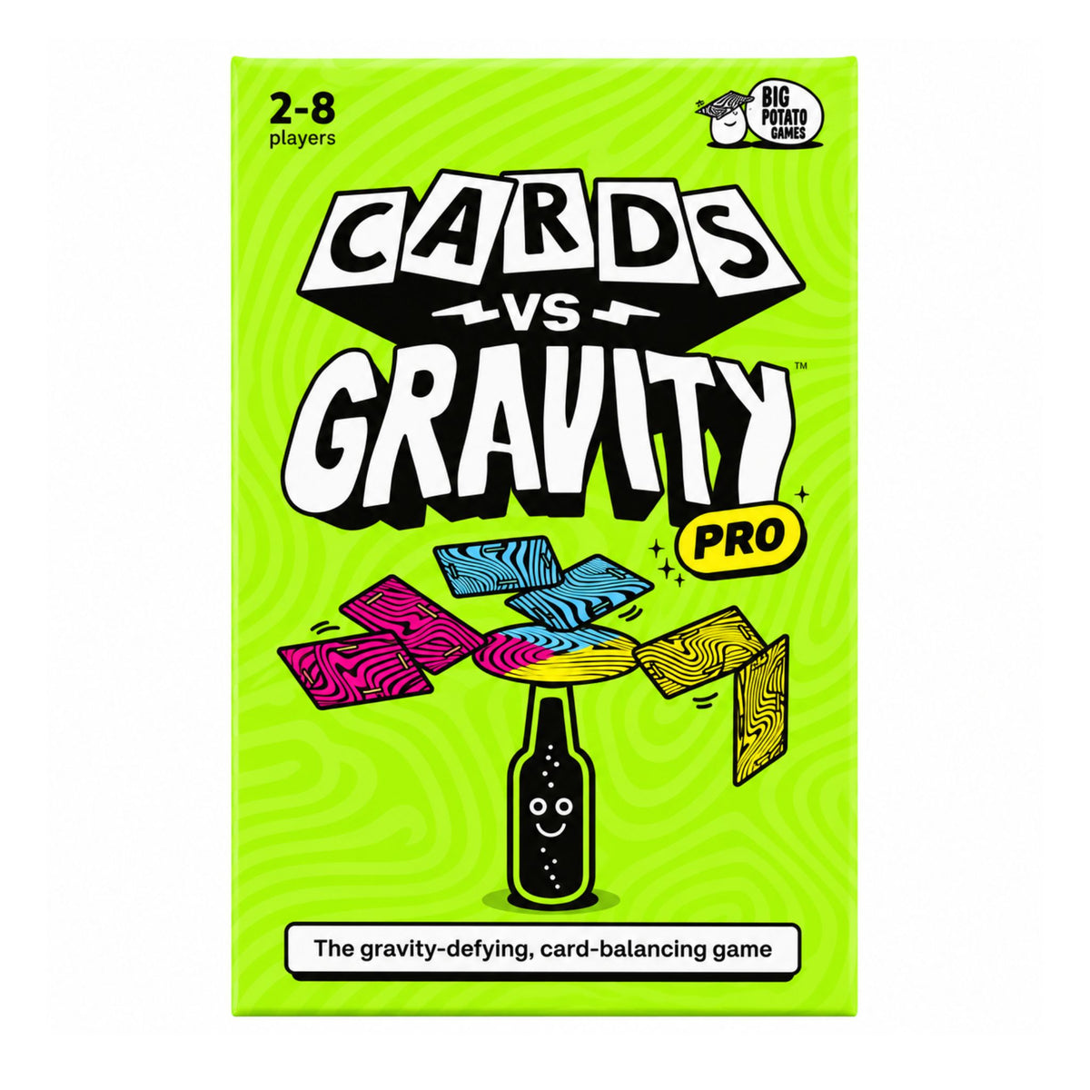 Front of the 'Cards vs Gravity Pro' board game box by Big Pixel Games, featuring a bright lime green background with wavy lines, bold white title text, and illustrated cards balancing a bottle on a table.