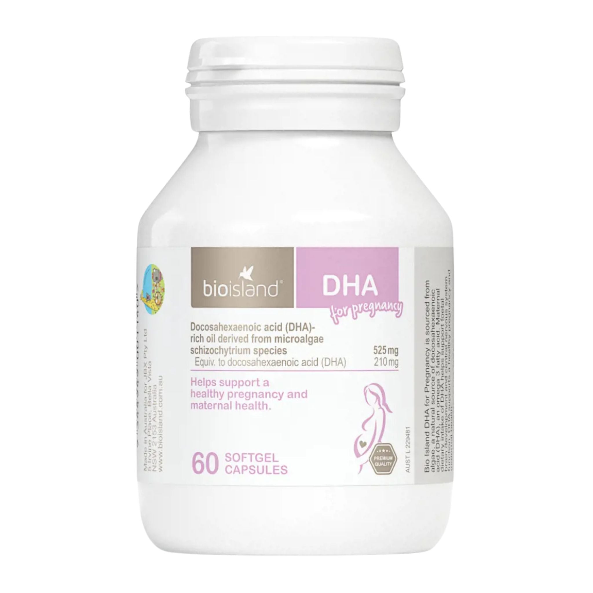 Front view of Bio Island DHA for Pregnancy 60 Softgel Capsules bottle