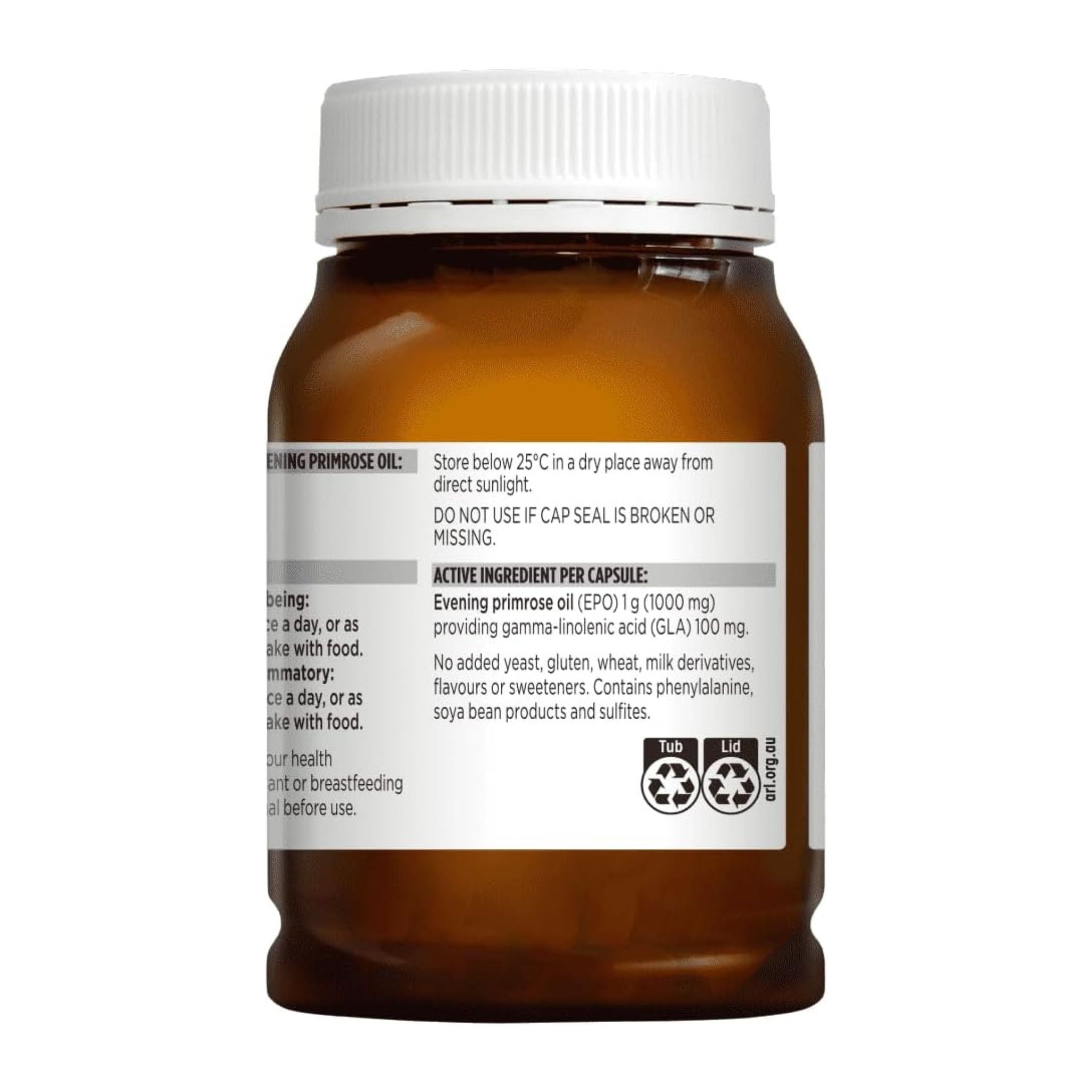 Brown supplement bottle with white label on a white background