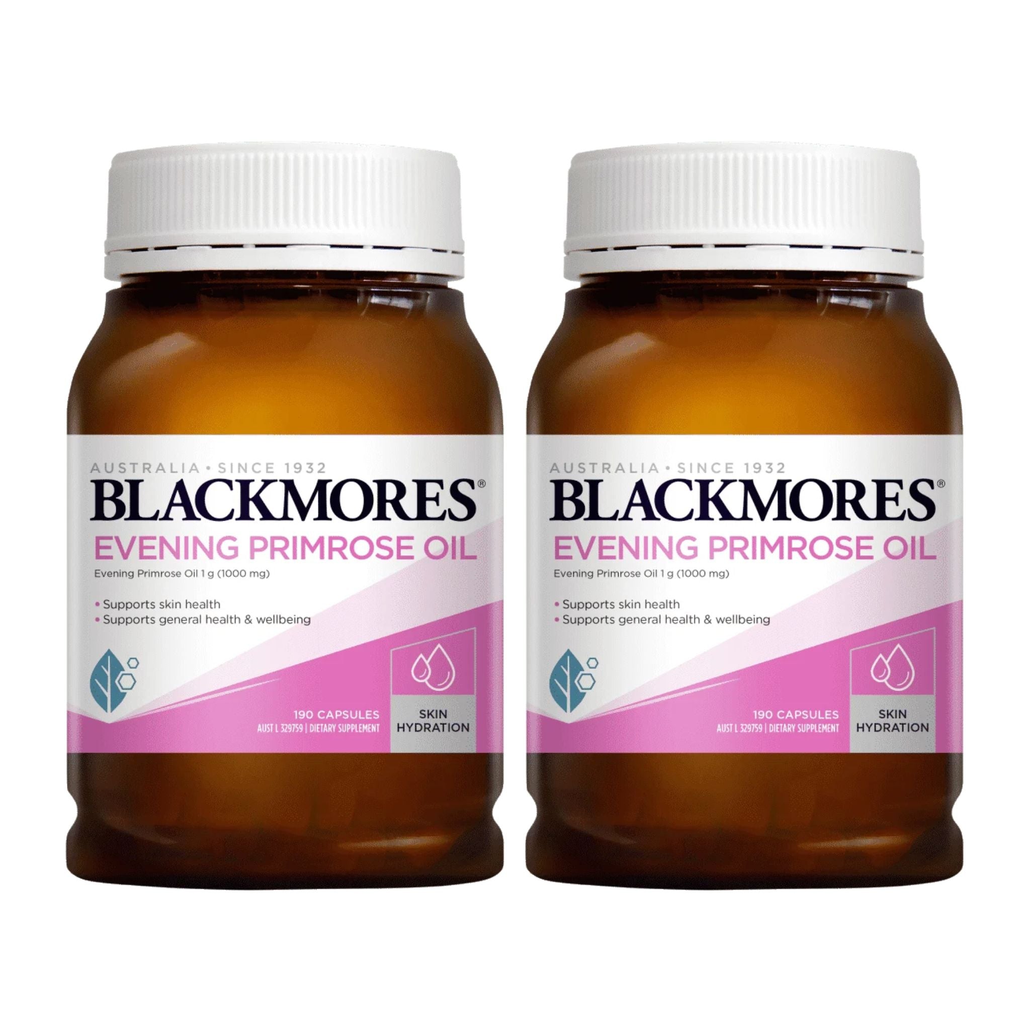 Two bottles of Blackmores Evening Primrose Oil on a white background