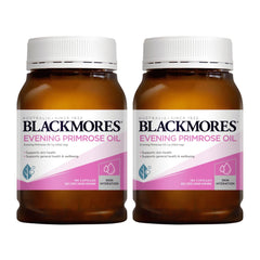 Two bottles of Blackmores Evening Primrose Oil on a white background