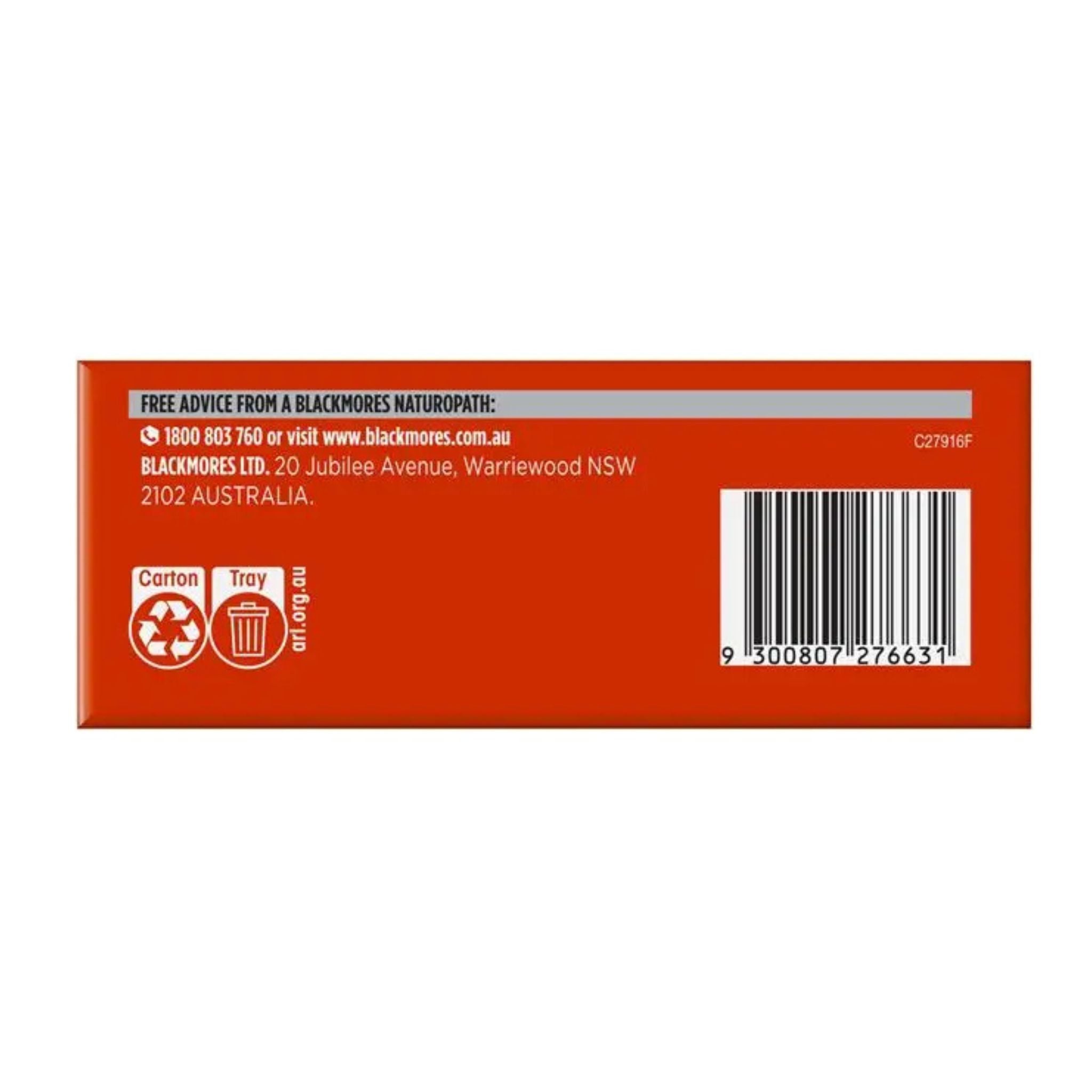 Back of a red product packaging with text, contact information, and recycling symbols on a white background.