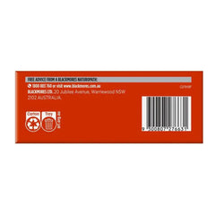 Back of a red product packaging with text, contact information, and recycling symbols on a white background.