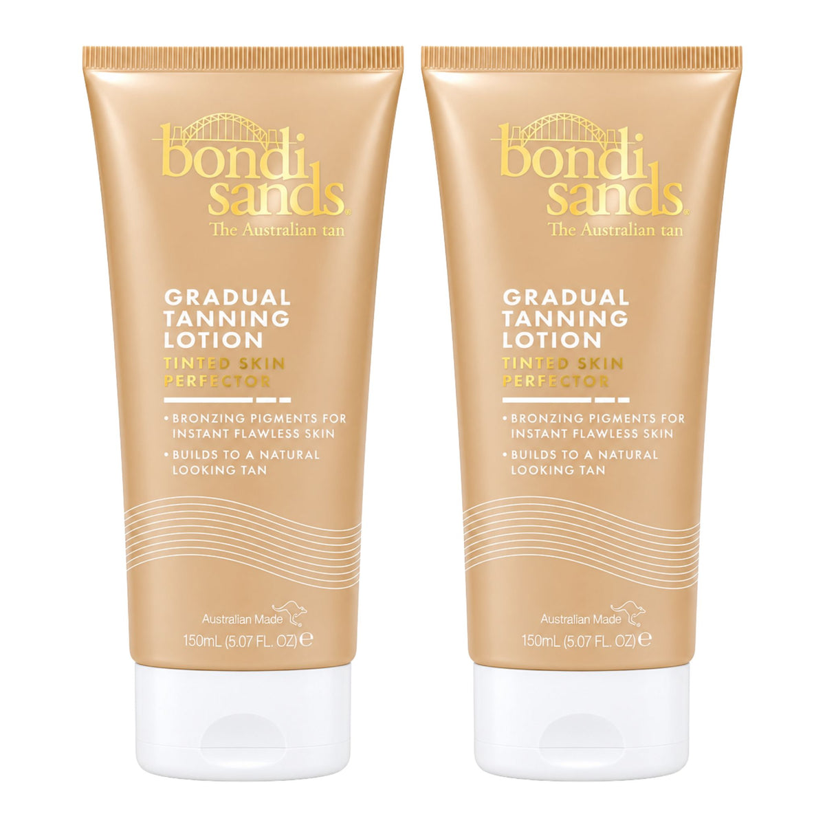 Two tubes of Bondi Sands Gradual Tanning Lotion Tinted Skin Perfector 150ml side by side
