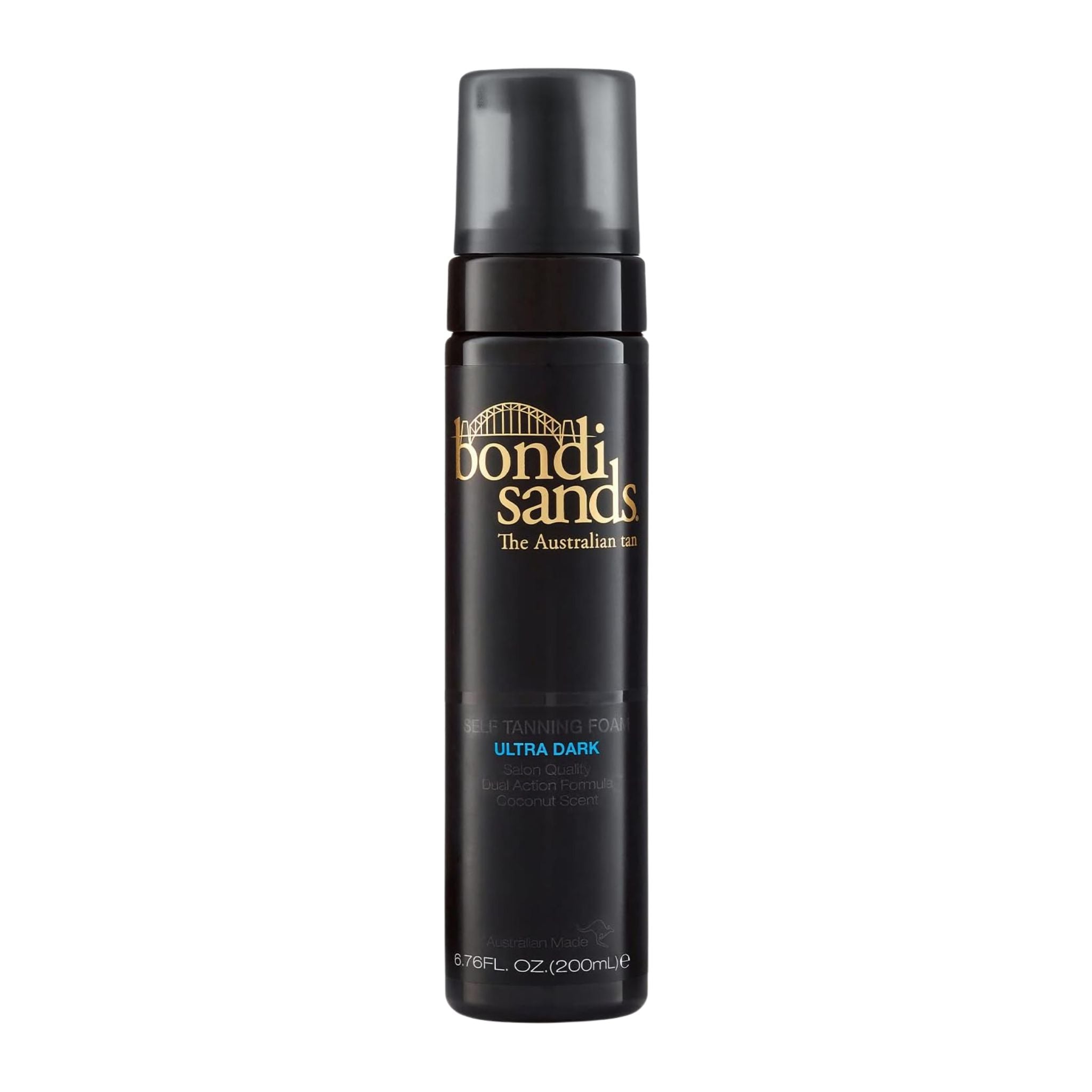 Black bottle of Bondi Sands tanning foam on a white background