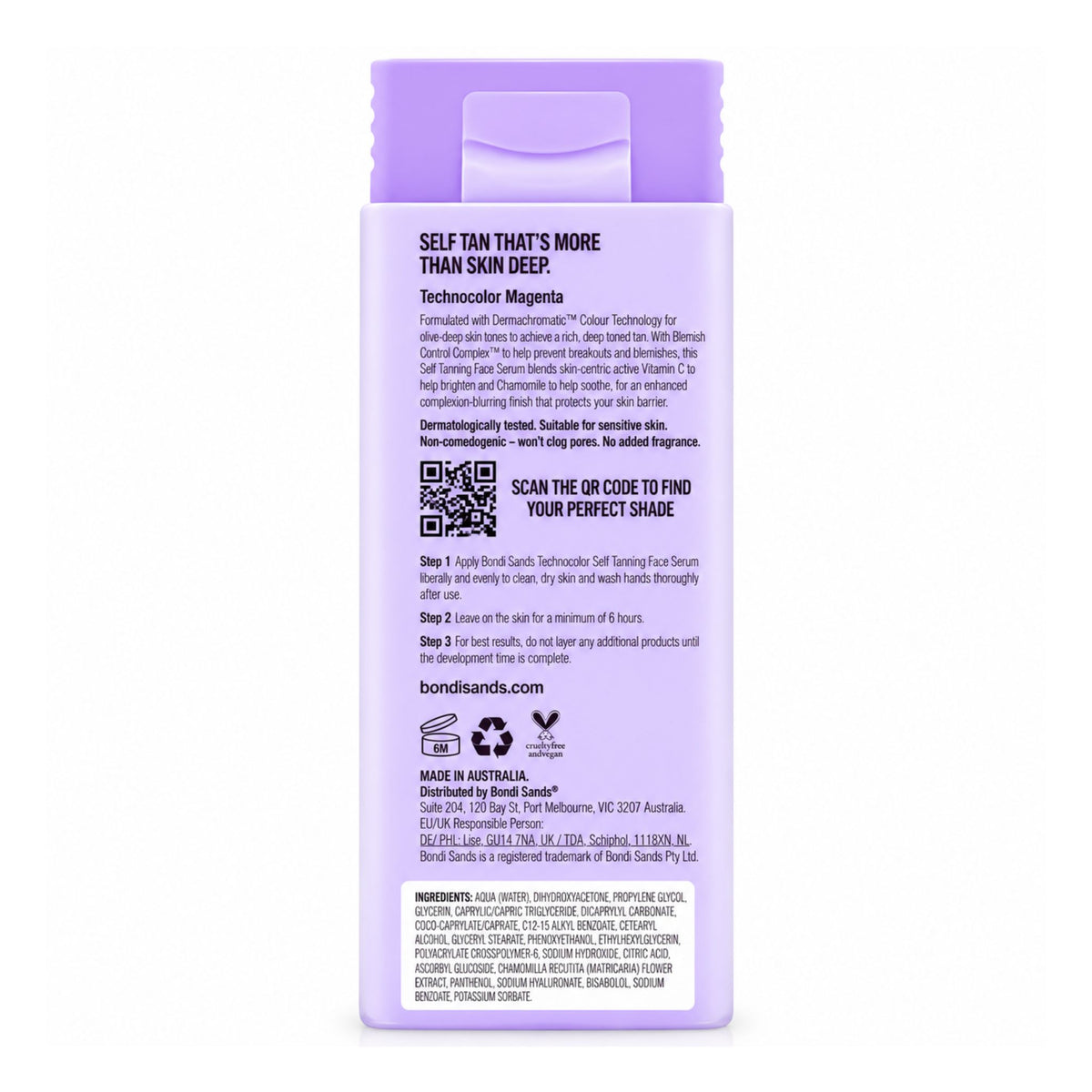 Bondi Sands Technocolor Magenta Self Tanning Face Serum 50ml rear packaging details