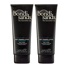 Two bottles of Bondi Sands self-tanning lotion on a white background