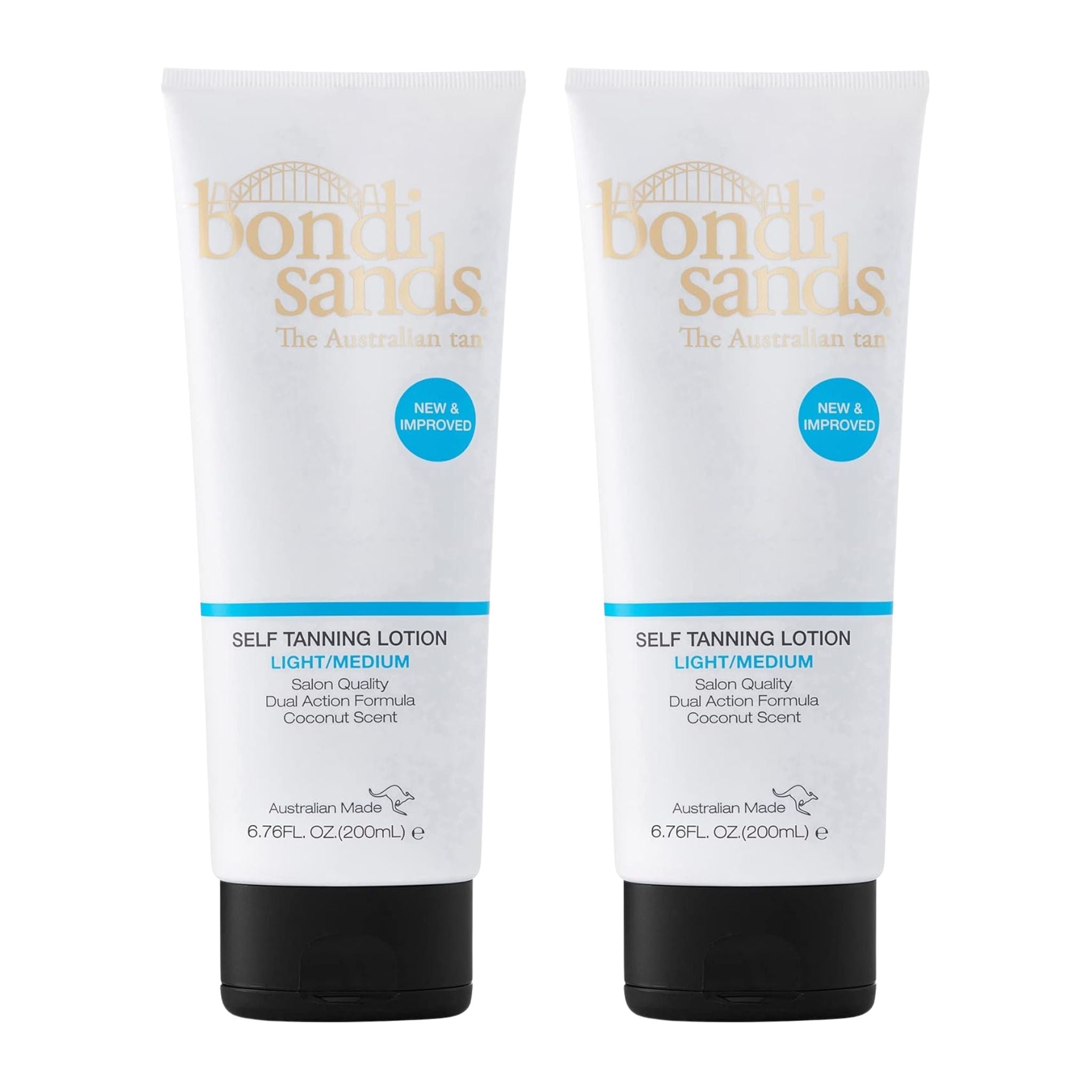 Two bottles of Bondi Sands self-tanning lotion on a white background