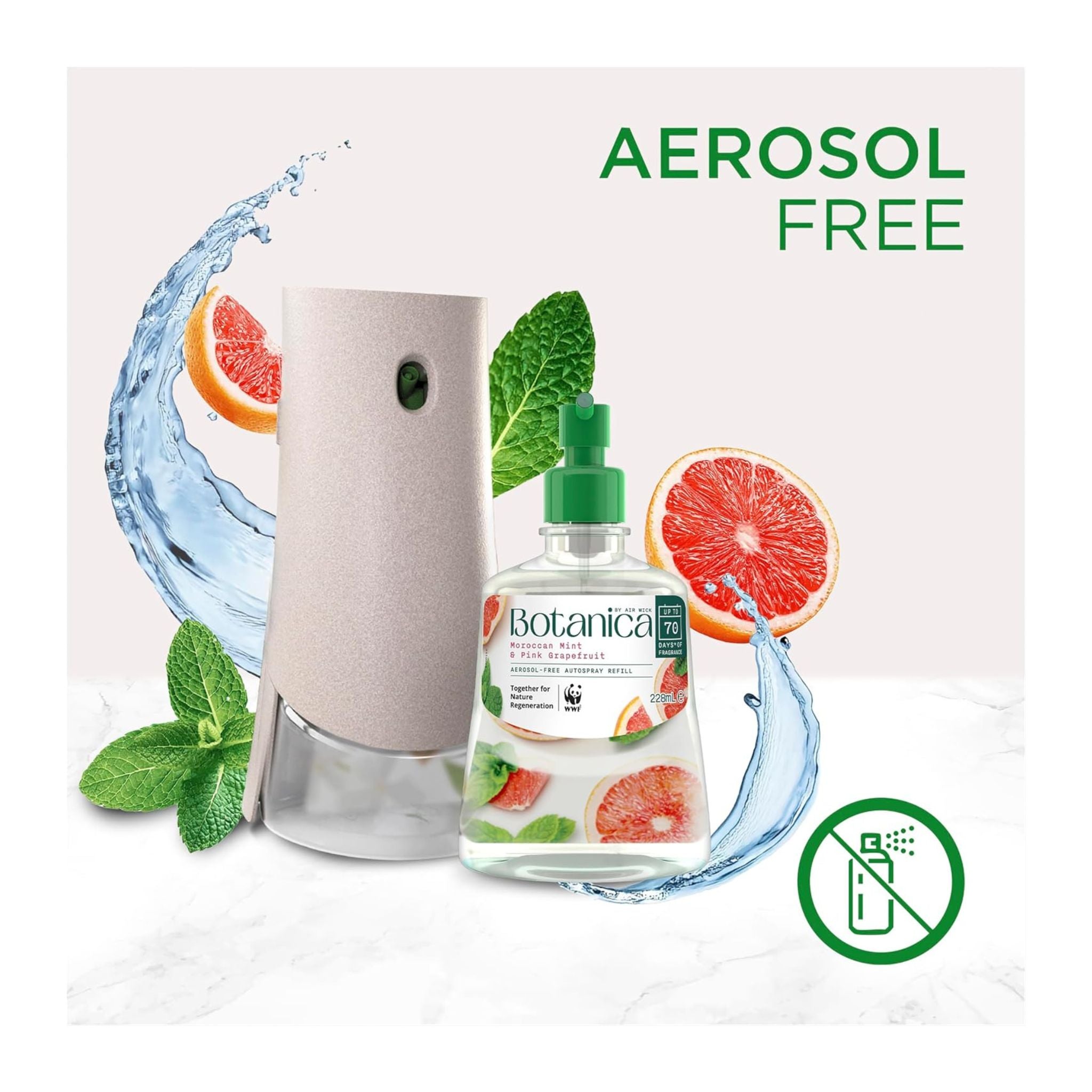 Botanica spray bottle with citrus and mint elements on a light background