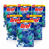 Multiple packages of Bref Blue Active+ toilet bowl cleaners on a white background