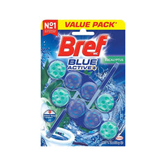 Front packaging of Bref Blue Active Eucalyptus Toilet Cleaner showing 4-in-1 cleaning and freshness features.