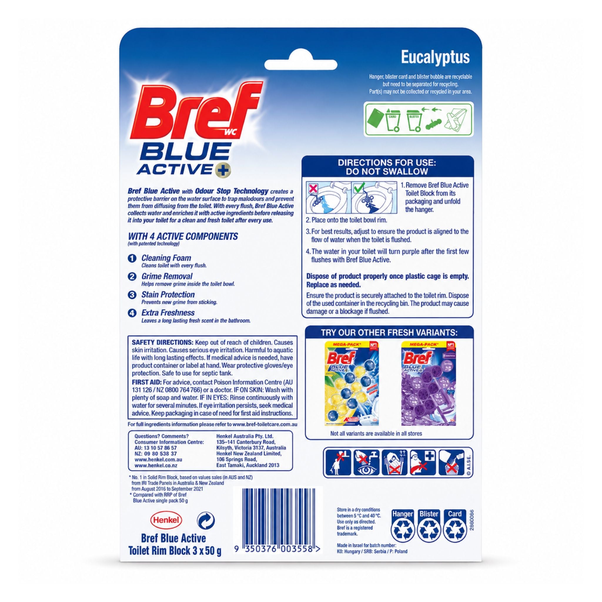 Back of Bref Blue Active Eucalyptus toilet rim block packaging, showing product details, directions, safety information, and barcode on a white background.