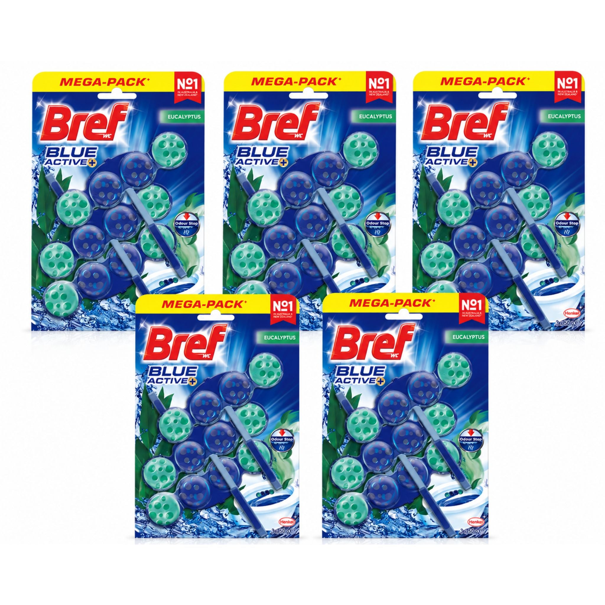 Pack of 5 Bref Blue Active Eucalyptus Toilet Rim Block Cleaner 3x50g Mega Packs showing 15 total blocks