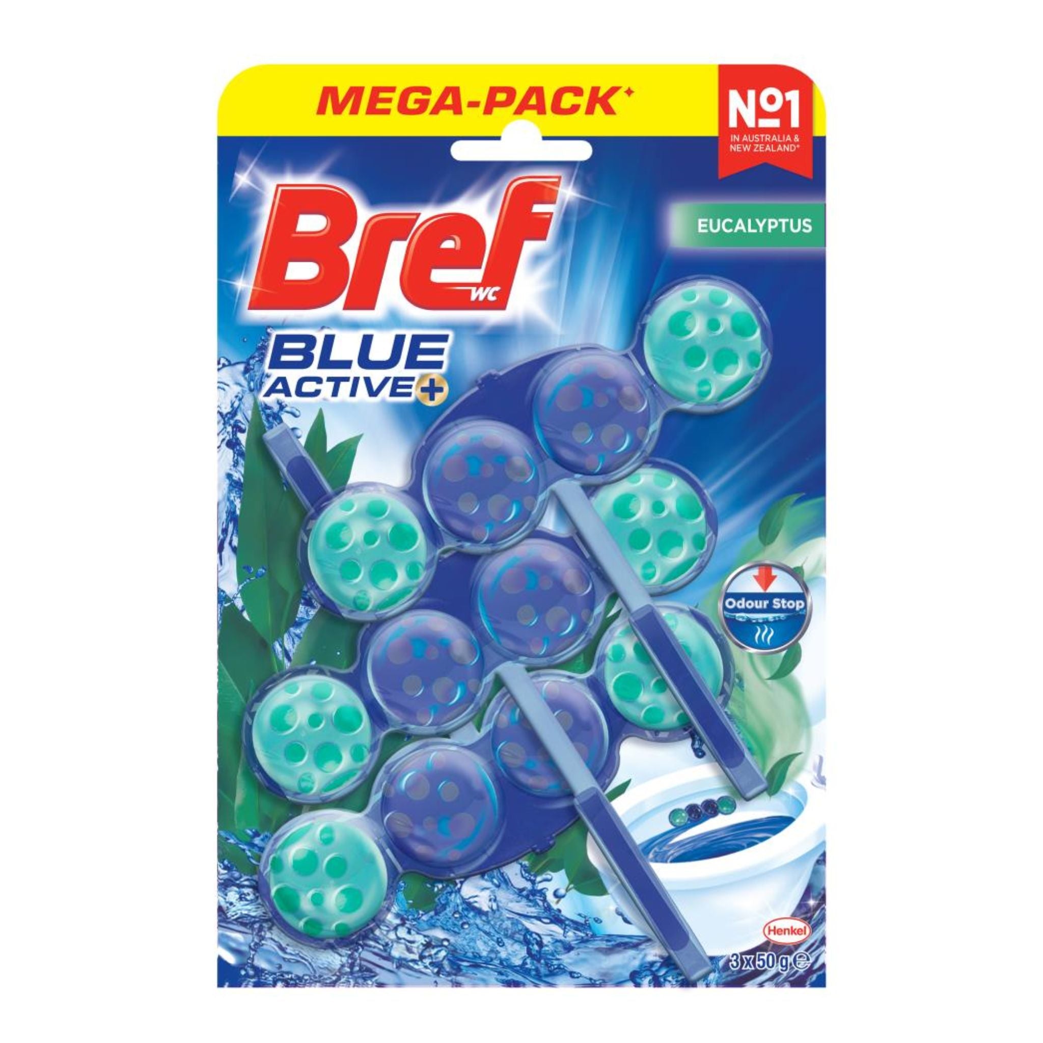 Bref Blue Active+ Eucalyptus Mega-Pack toilet capsule cleaner, featuring 12 blue and green capsules in a blue and white retail package.