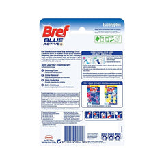 Back label of Bref Blue Active Eucalyptus Toilet Rim Blocks displaying usage directions, safety information and ingredients.