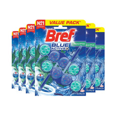 A pack of six Bref Blue Active Eucalyptus Rim Block Toilet Cleaners, with visual branding and eucalyptus leaf imagery on the packaging.