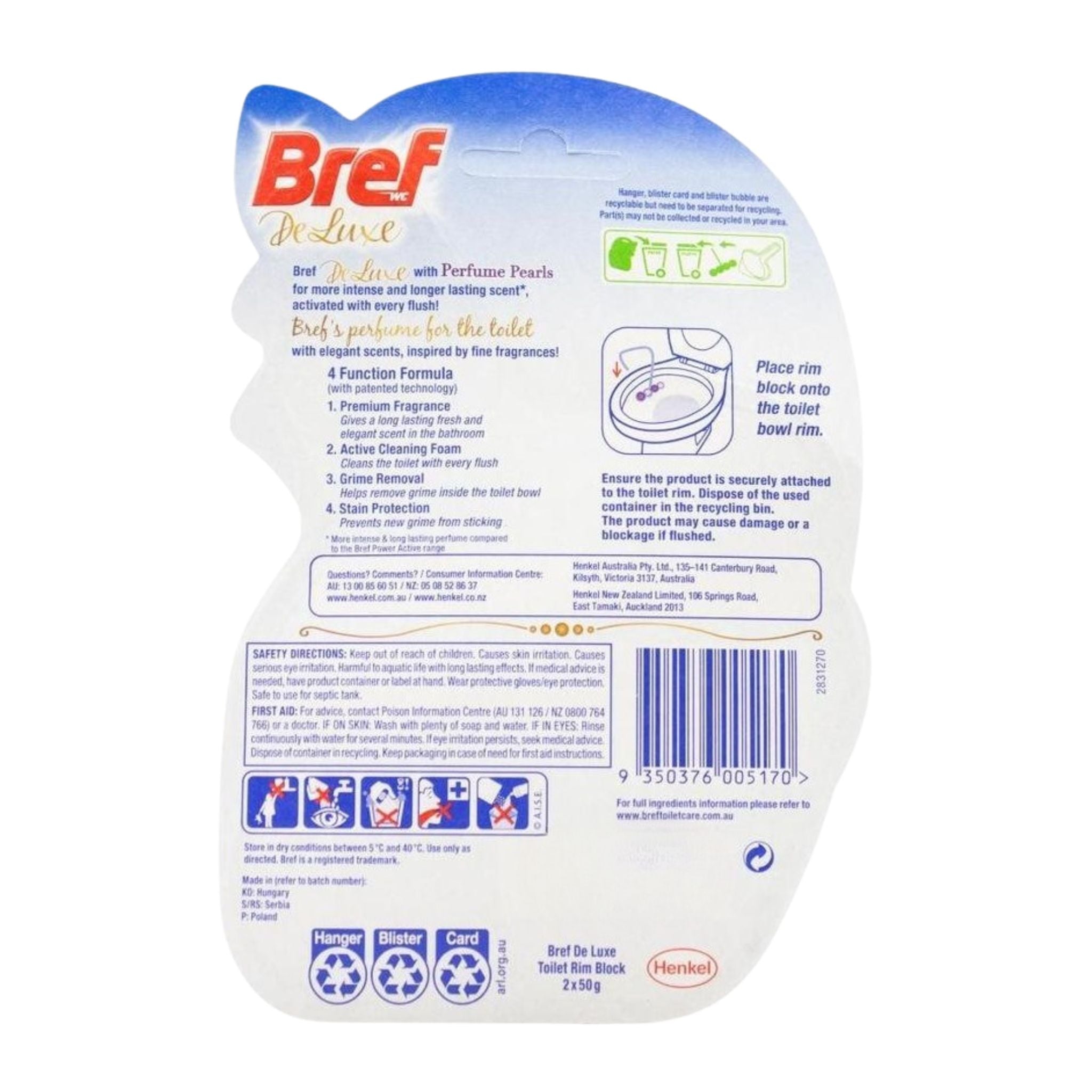 Bref Delux toilet bowl cleaner packaging with text and graphics on a white background