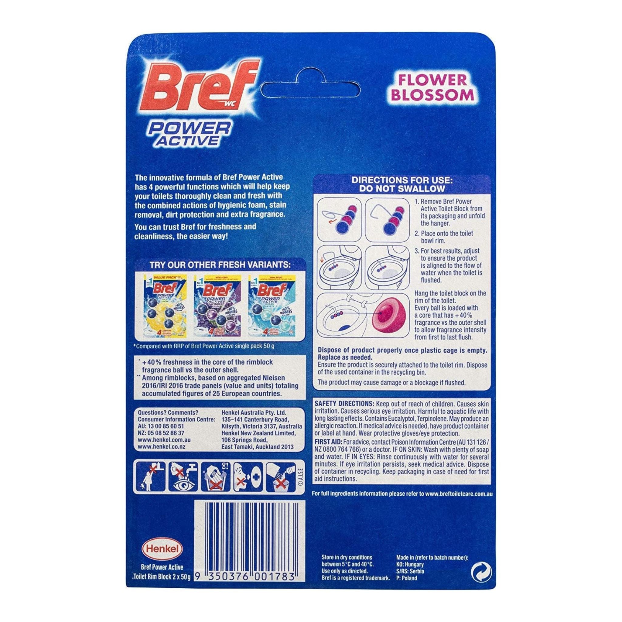 Back view of Bref Power Active Flower Blossom Rim Block Toilet Cleaner packaging