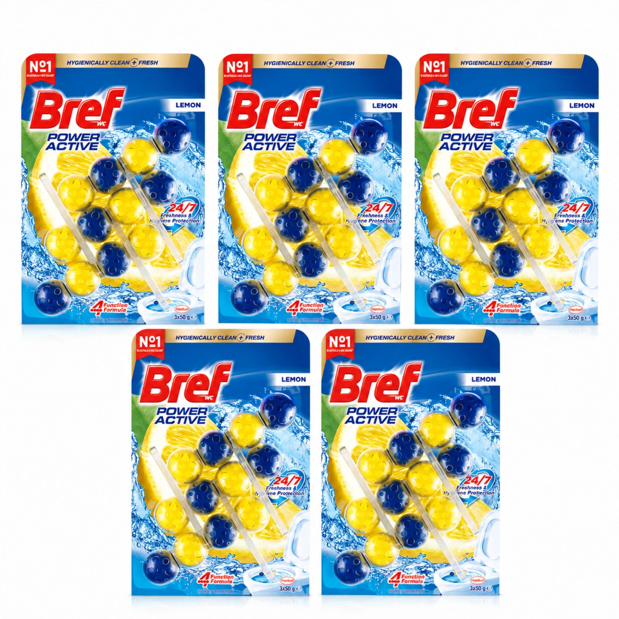 Pack of 5 Bref Power Active Lemon Toilet Rim Cleaner 3x50g packs showing 15 total rim blocks