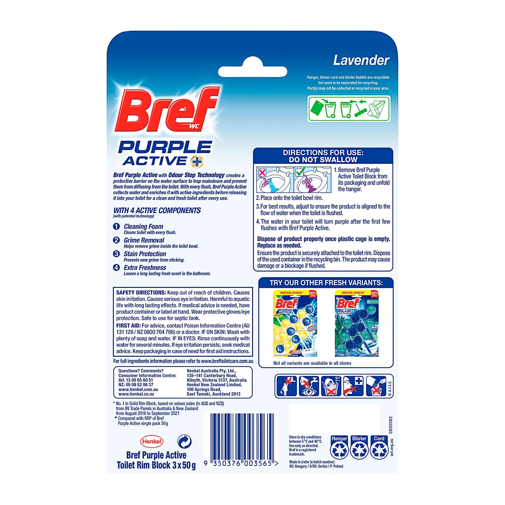 Bref Purple Active Lavender Toilet Cage – 3×50 g Pack – Odour‑Stop Rim Block – Fresh Fragrance
