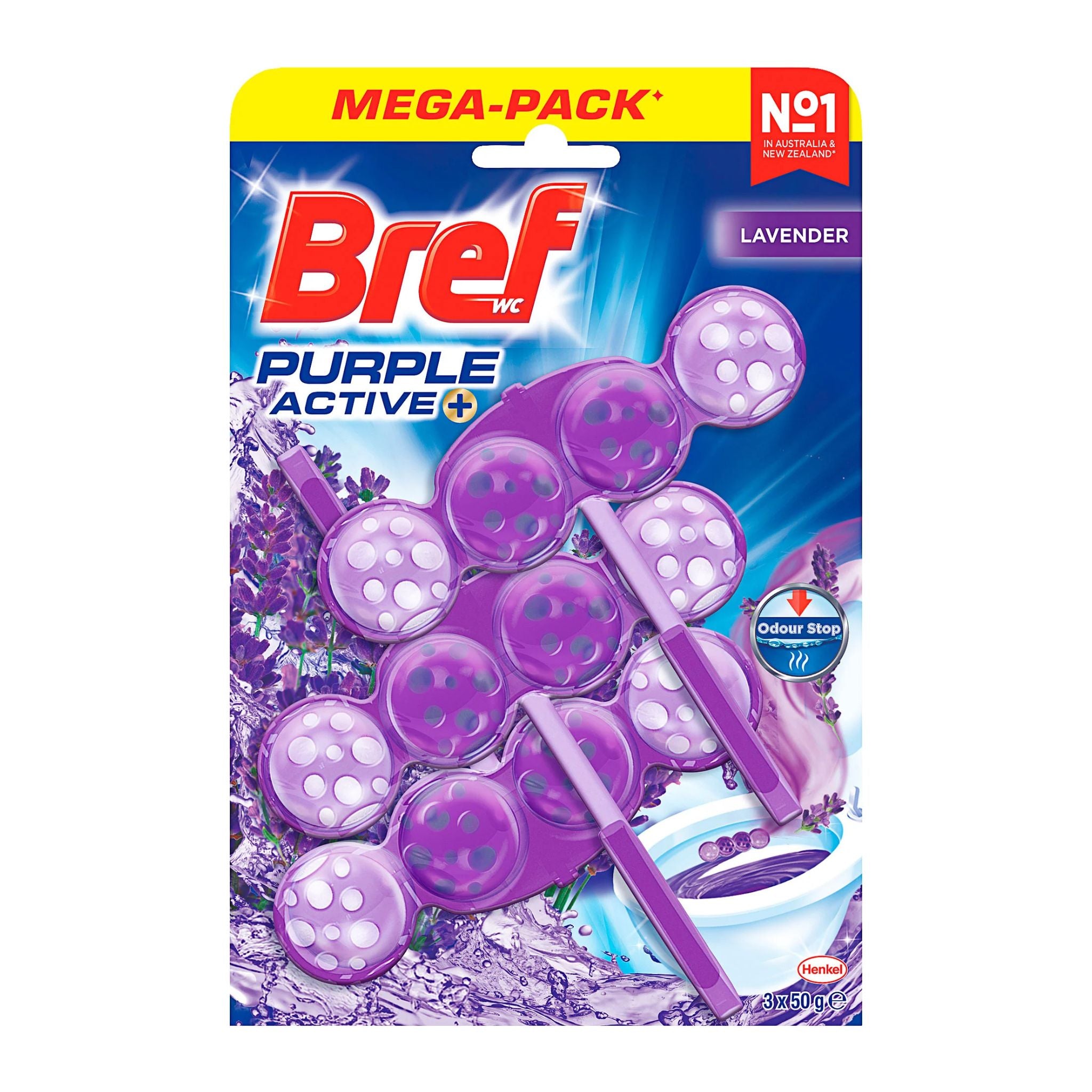 Bref Purple Active+ toilet block packaging with lavender scent on a white background