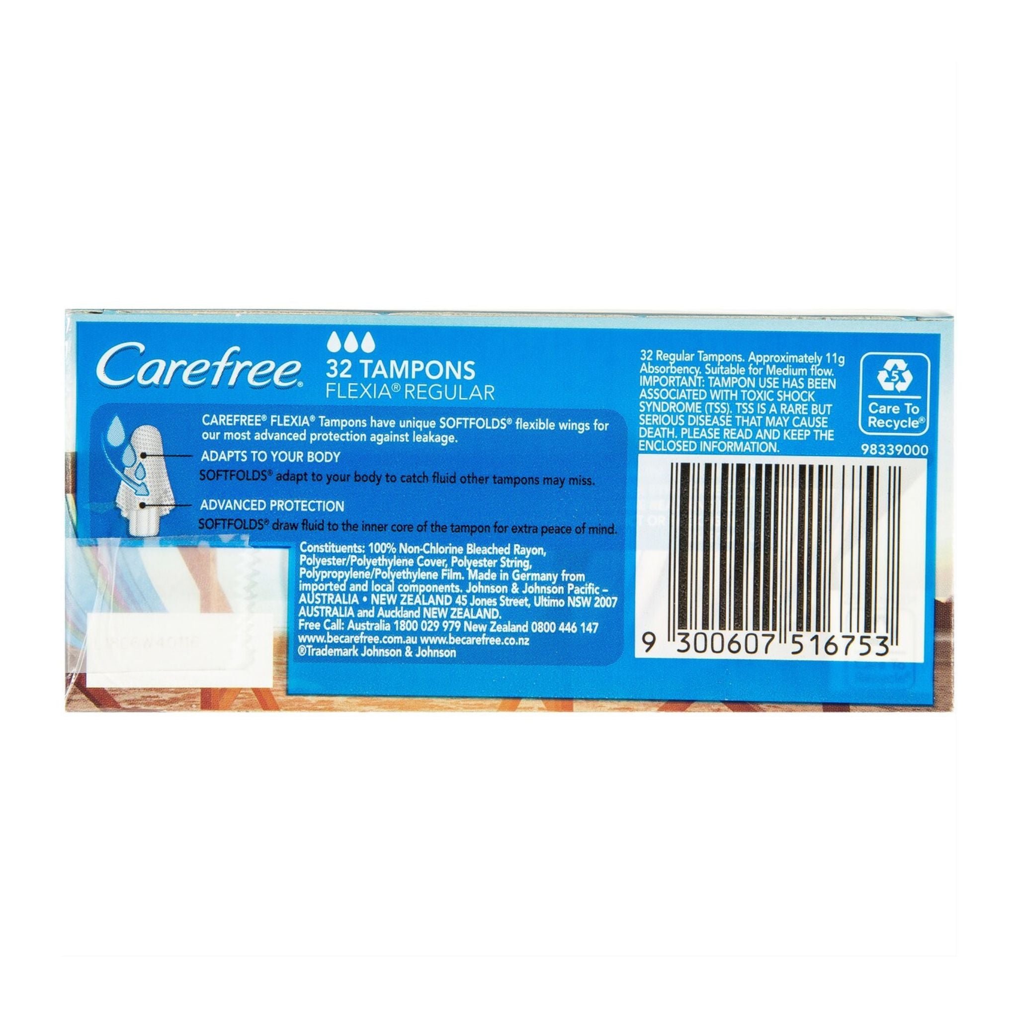 Carefree tampons packaging with blue label and barcode on a white background