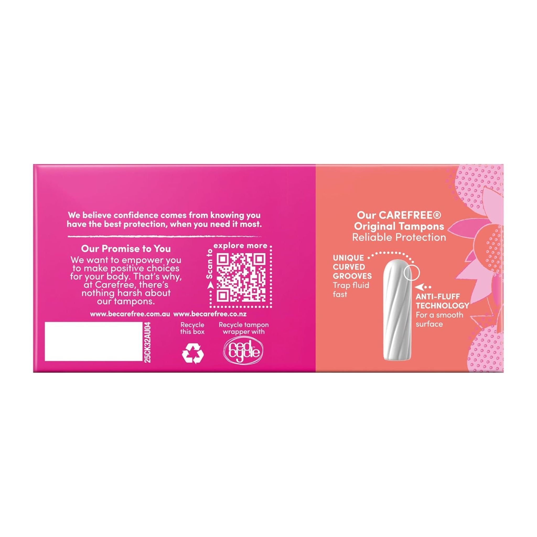 Carefree tampon packaging with pink and orange design on a white background
