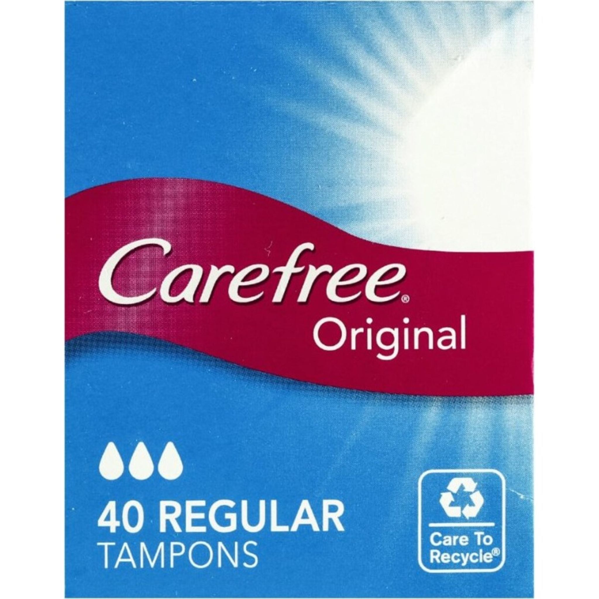 Angled view of Carefree Original Regular tampons box highlighting product branding