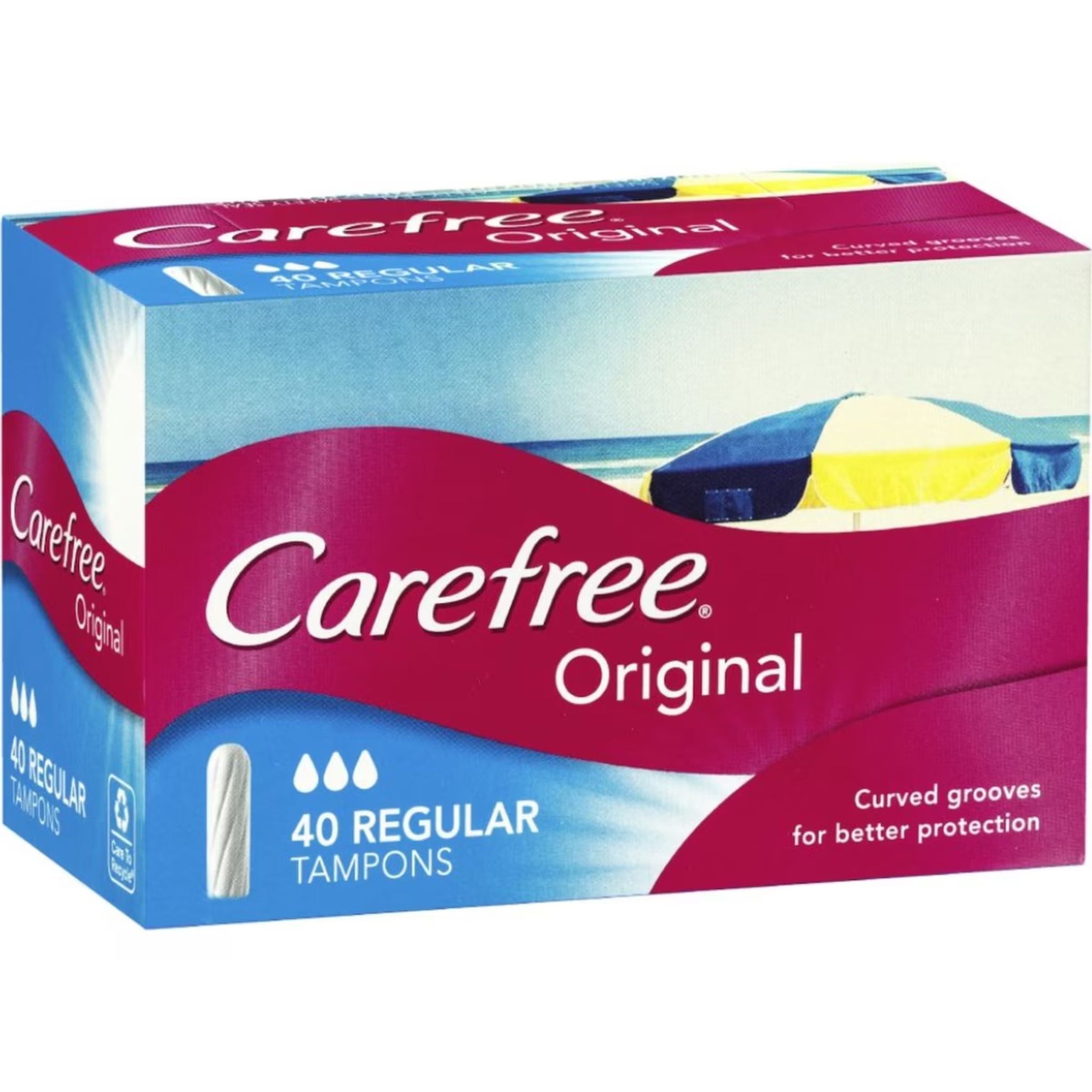 Front view of Carefree Original Regular tampons box with 40 tampons pack size