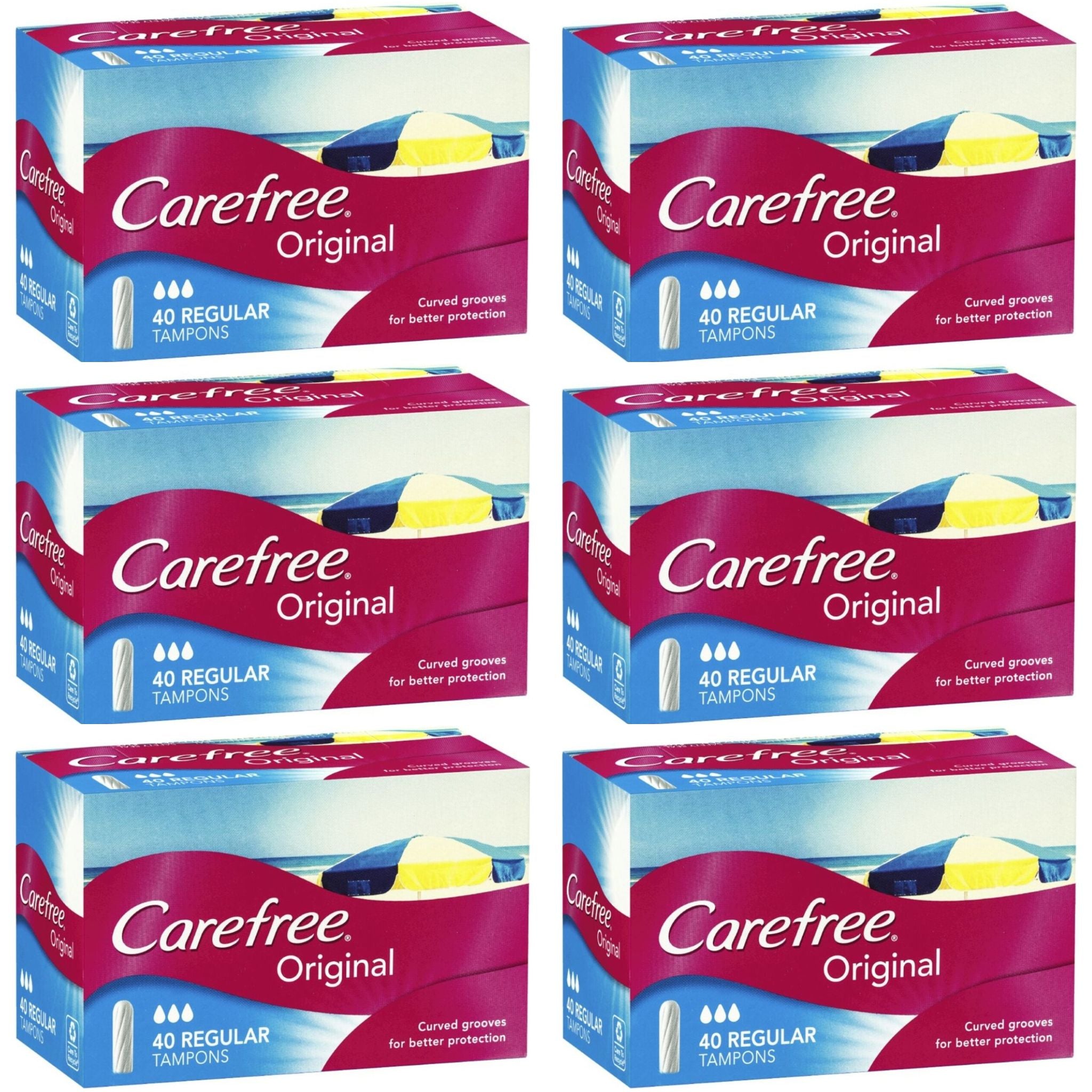 Six boxes of Carefree Original Regular Tampons, each containing a 40 pack of tampons against a white background.