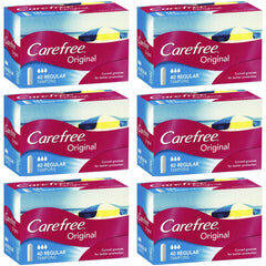 Six boxes of Carefree Original Regular Tampons, each containing a 40 pack of tampons against a white background.